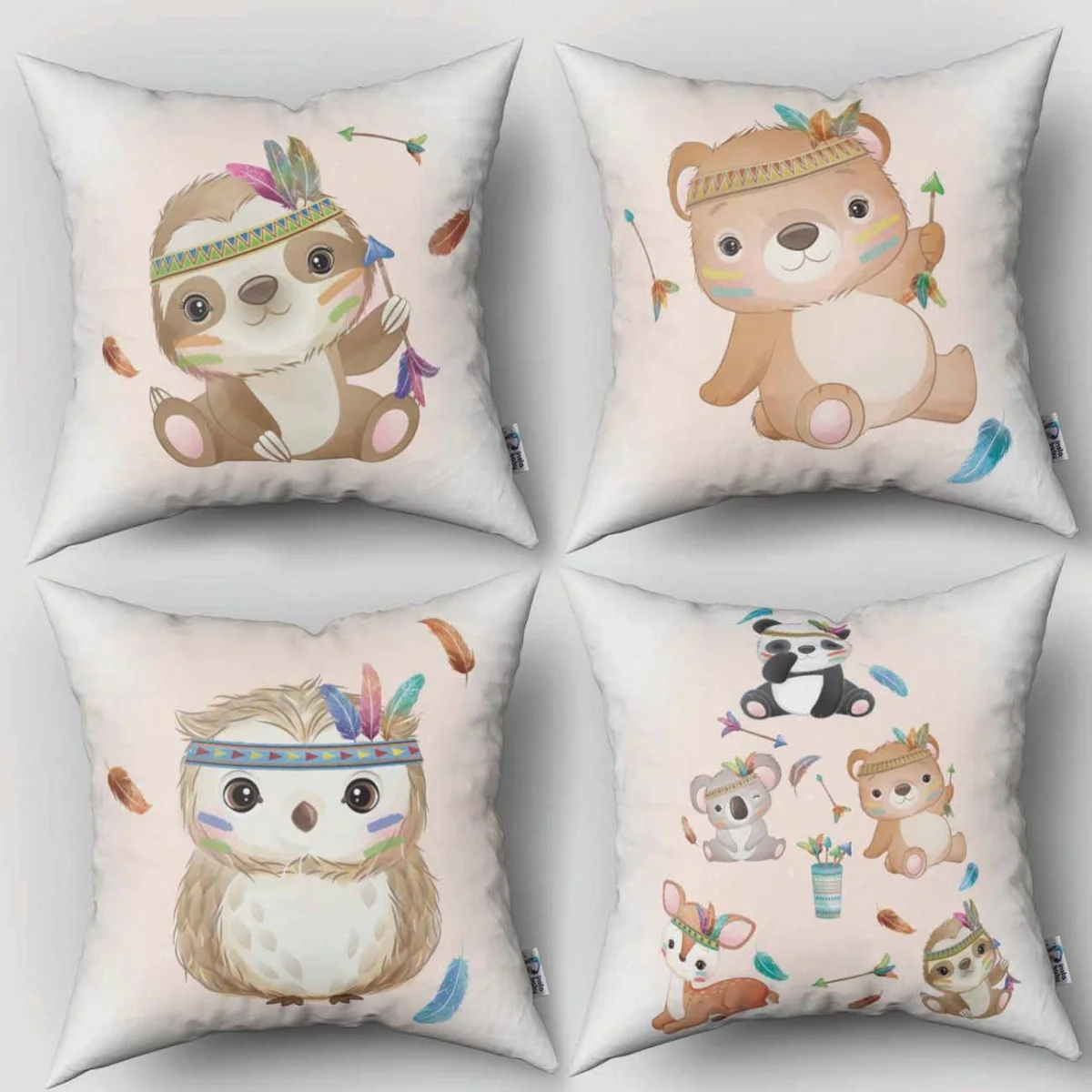 Boho Temalı Hayvanlar 4lü Kırlent | Krem Tüyler, oklar Desenli