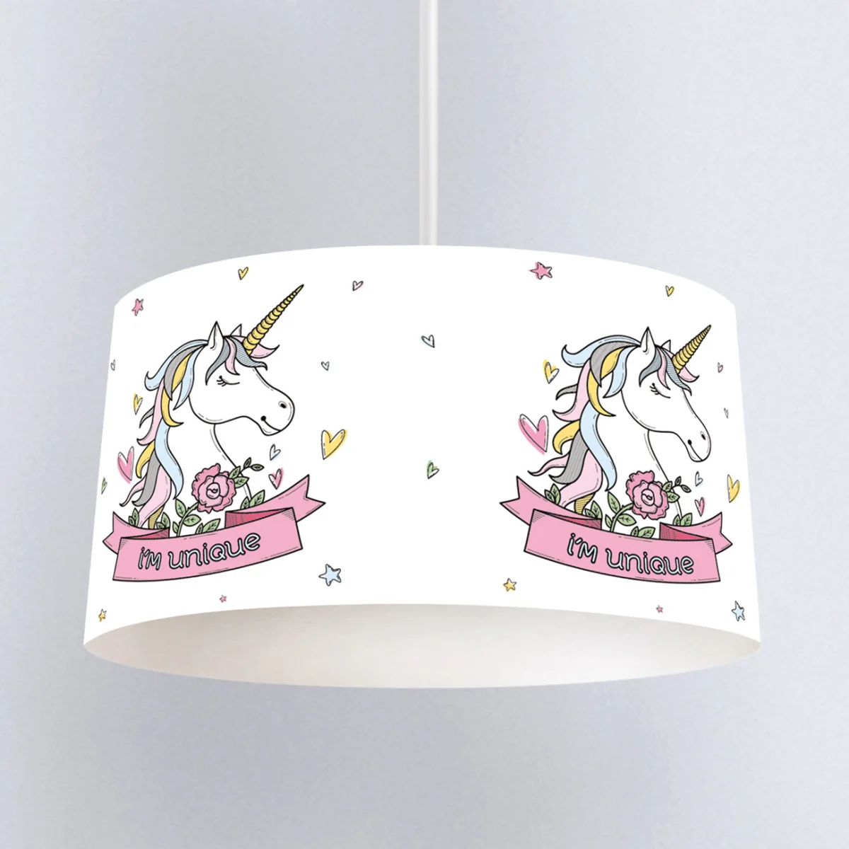 Unicorn Sarkıt Avize | Beyaz kalpler, yıldızlar Desenli