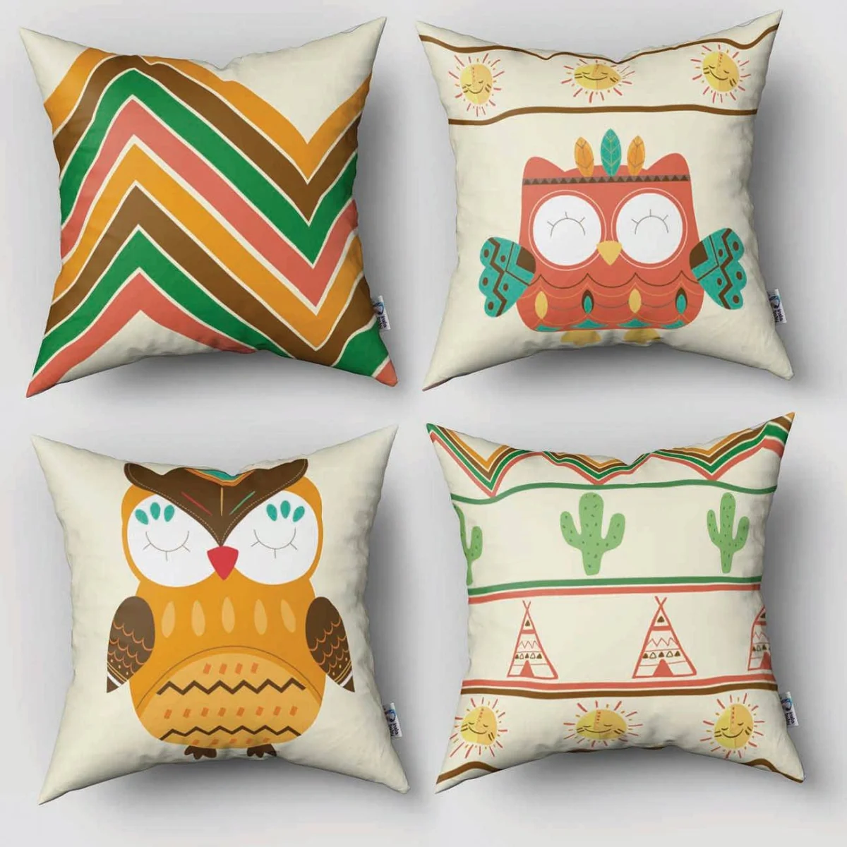 Baykuş, Kızılderili Temalı 4lü Kırlent | Krem geometrik desenler, güneş Desenli