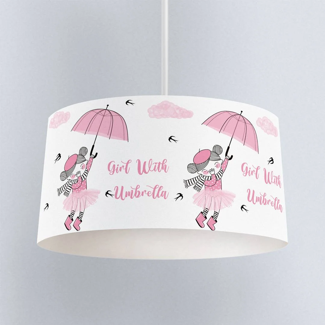 Şemsiyeli Kız Sarkıt Avize | Beyaz pembe bulutlar, uçan kuşlar Desenli