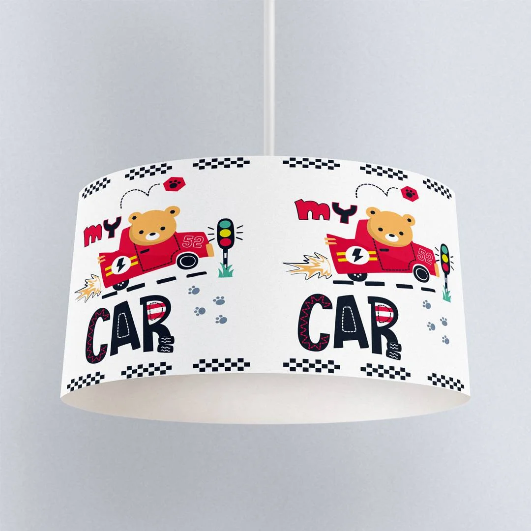 Ayı ve yarış arabası Sarkıt Avize | Beyaz Trafik ışığı, patik izi Desenli