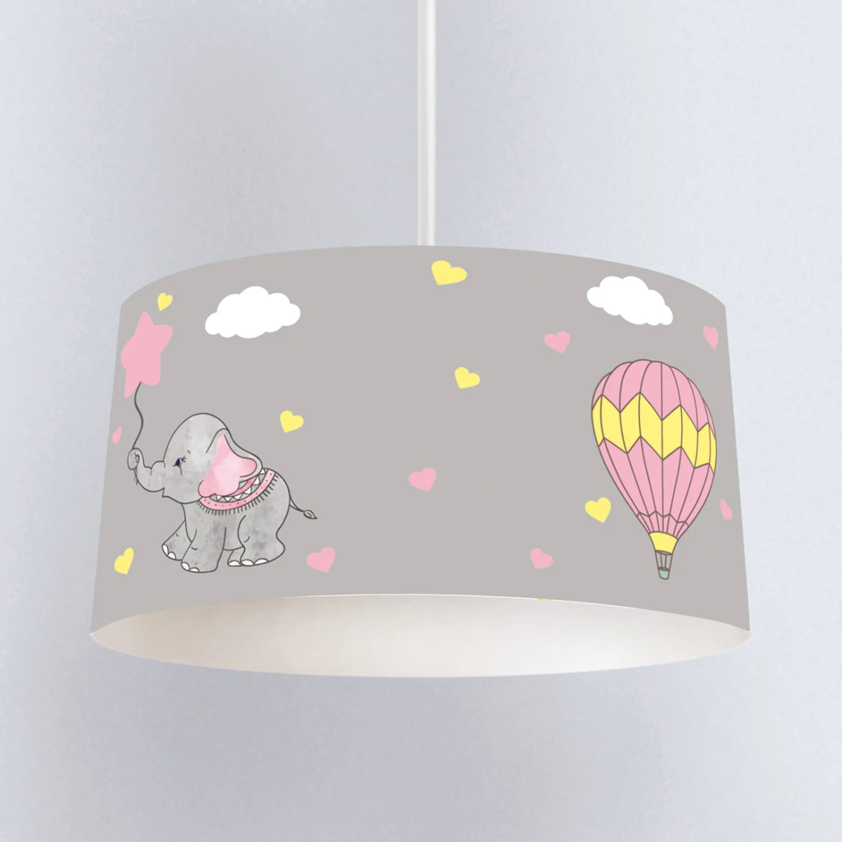Fil ve Sıcak Hava Balonları Sarkıt Avize | Gri Kalpler, bulutlar Desenli
