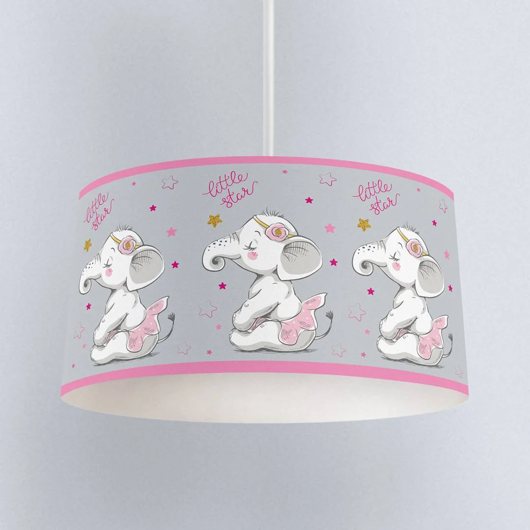 Fil ve Yıldız Sarkıt Avize | Gri Pembe ve altın yıldızlar, little star yazısı Desenli