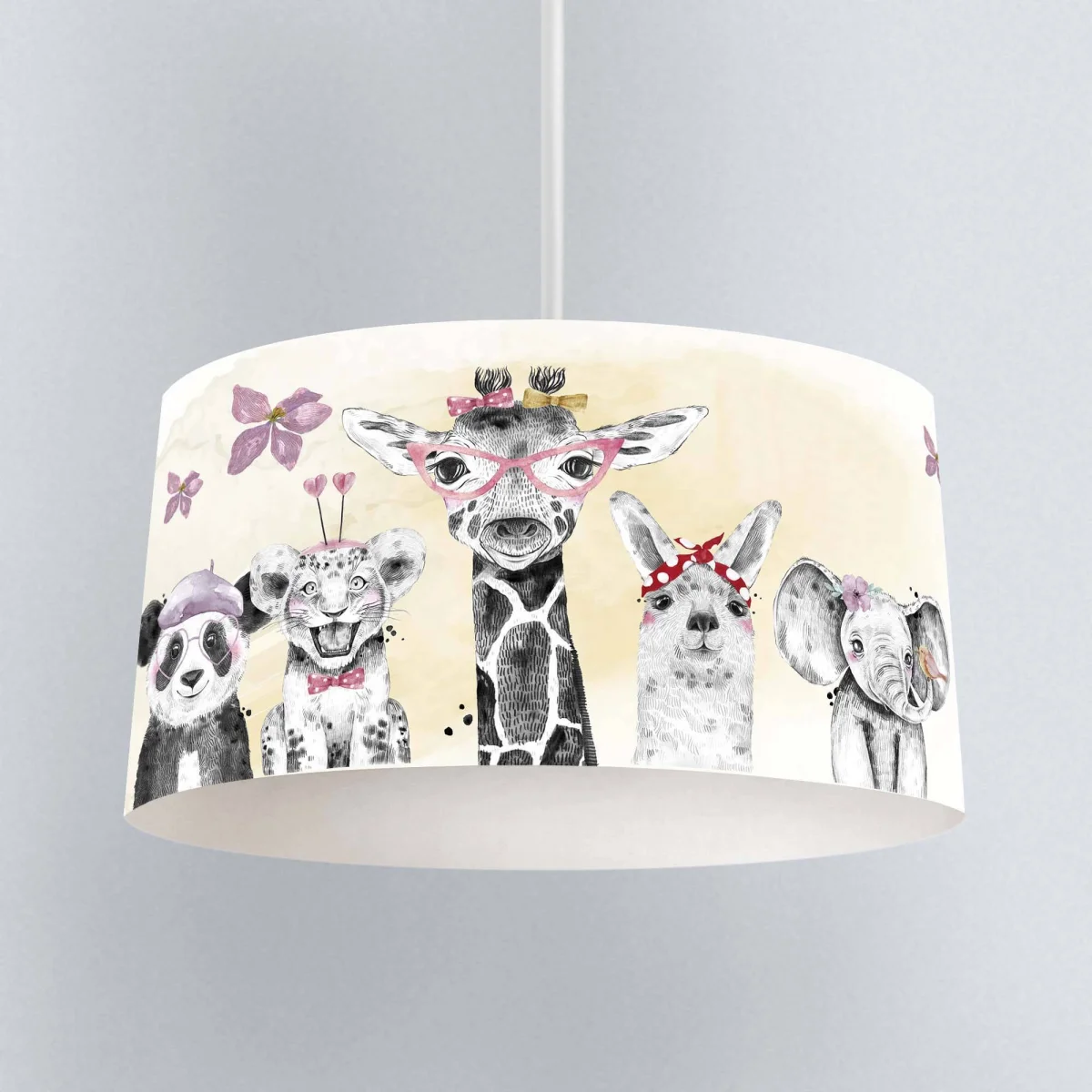 Orman Hayvanları Sarkıt Avize | Bej Pembe çiçekler, yeşil yapraklar Desenli