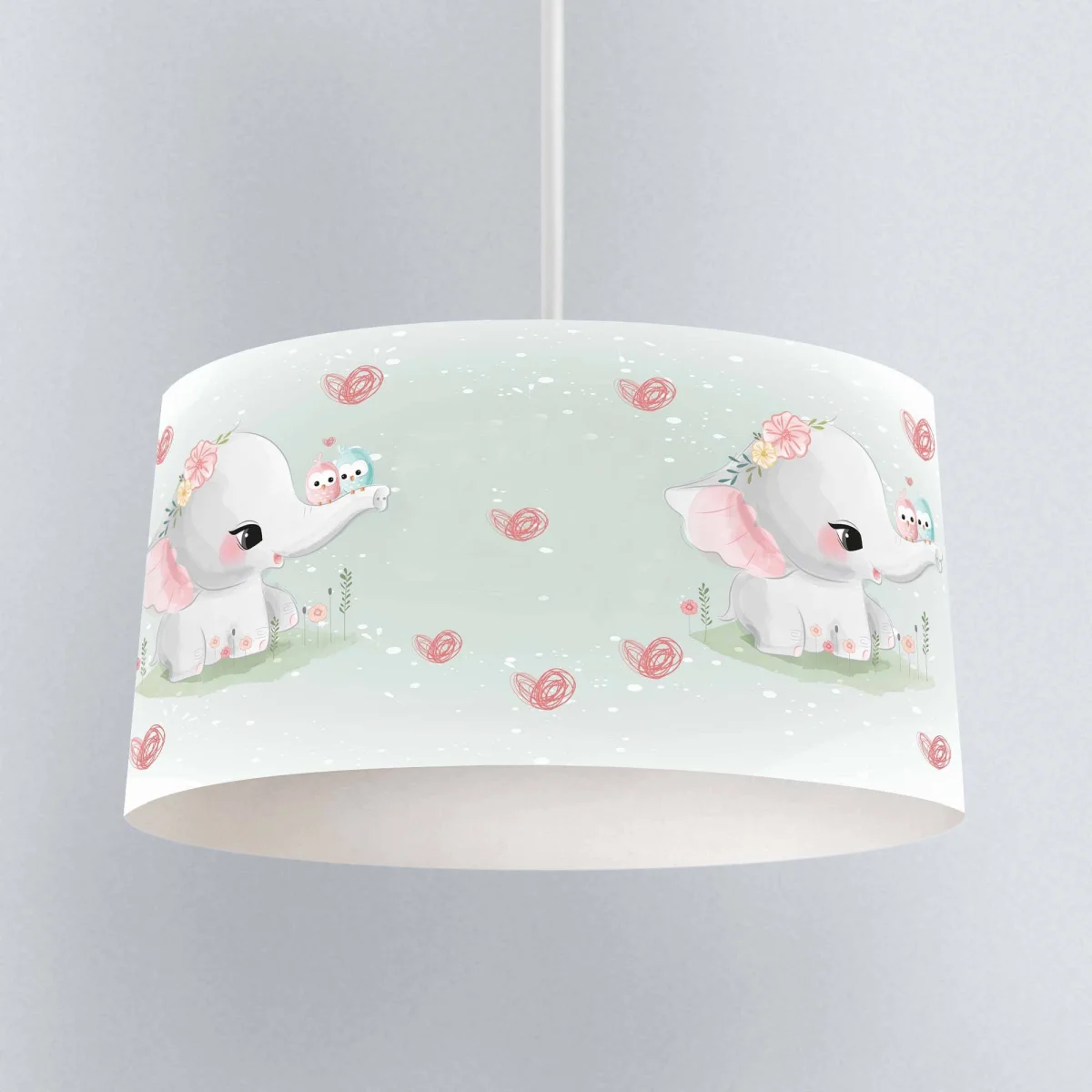 Sevimli Fil Sarkıt Avize | Açık Yeşil Kalpler, kuşlar Desenli