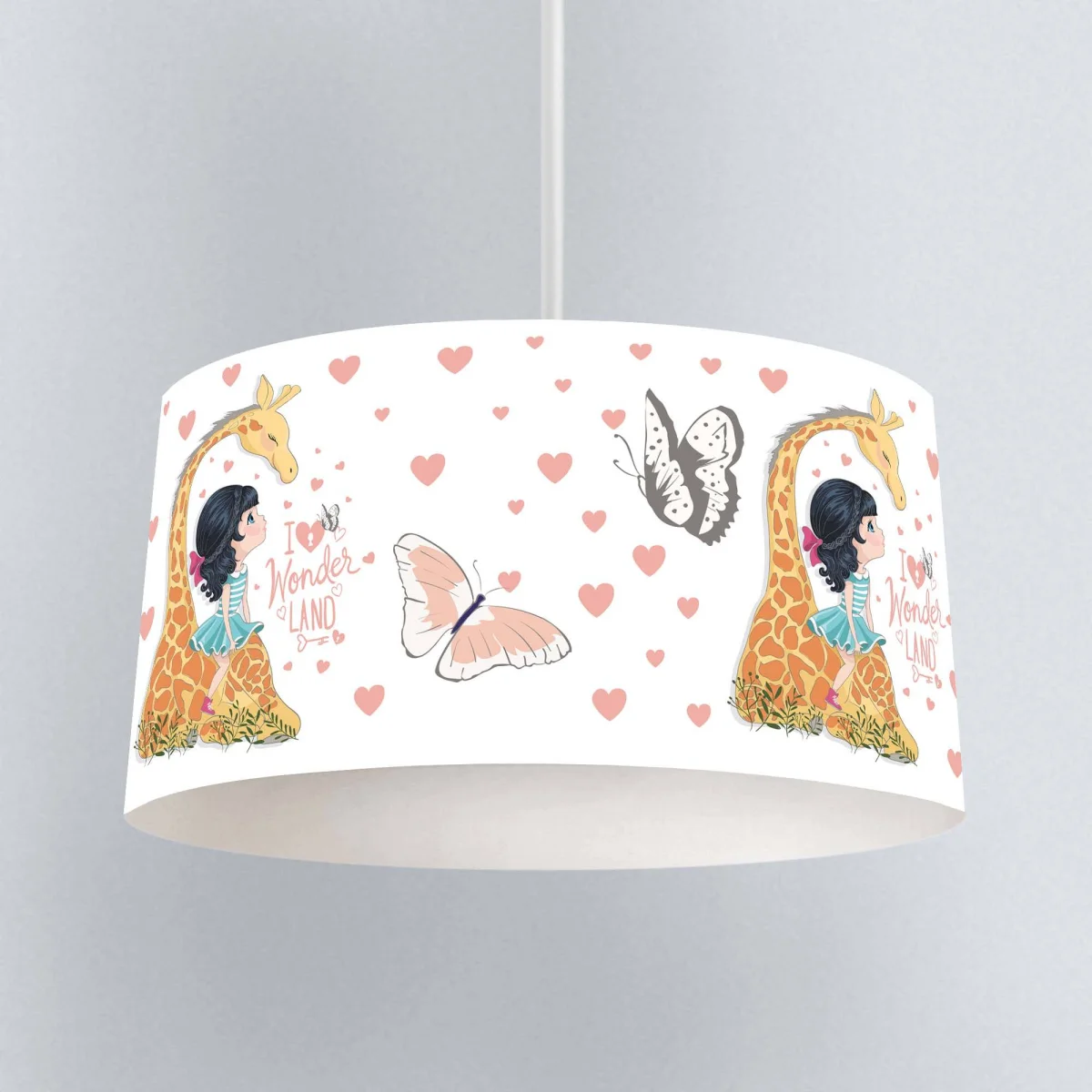 Kız ve Zürafa Sarkıt Avize | Beyaz Kalpler, kelebekler Desenli