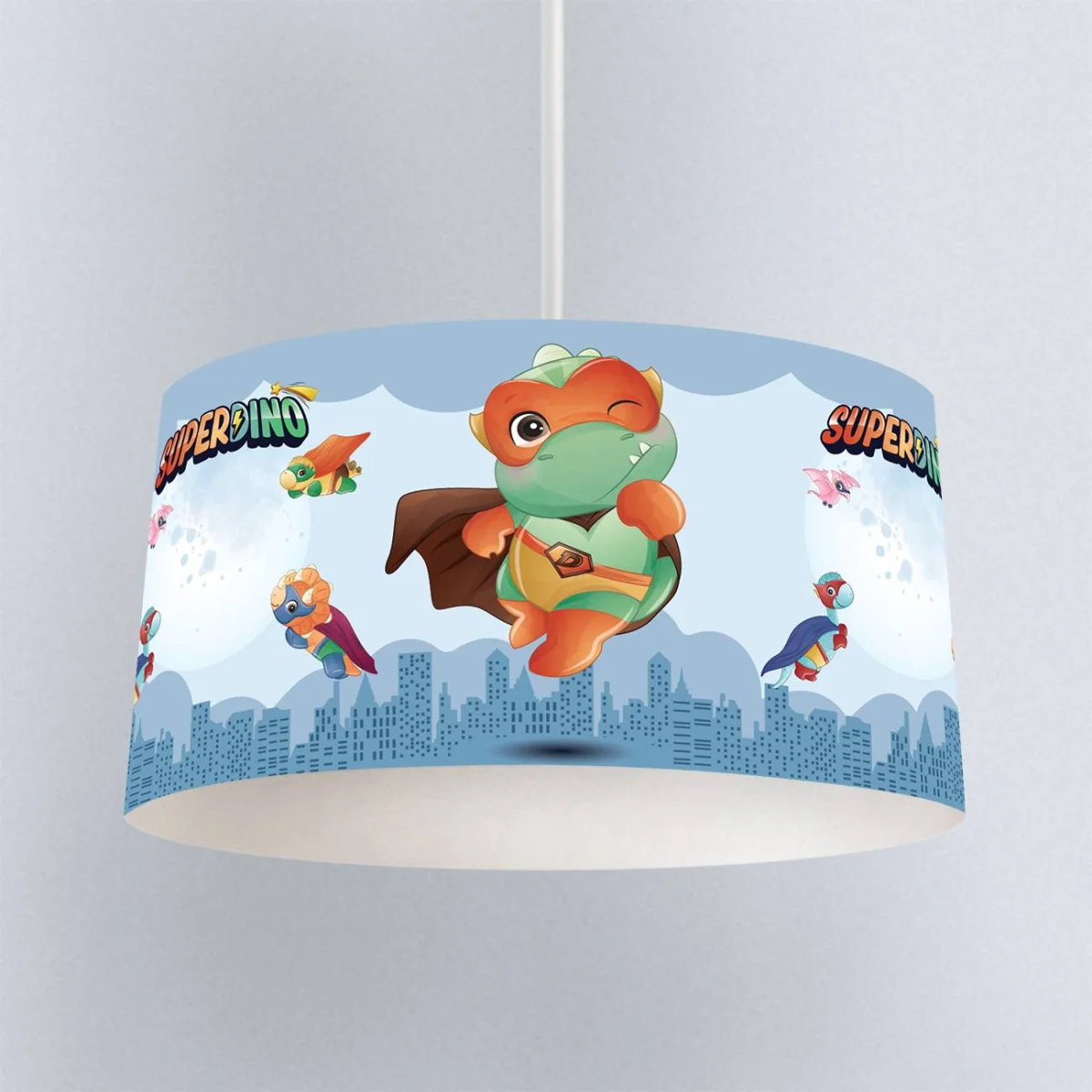 Süper Kahraman Dinozorlar Sarkıt Avize | Mavi şehir silüetleri, ay Desenli