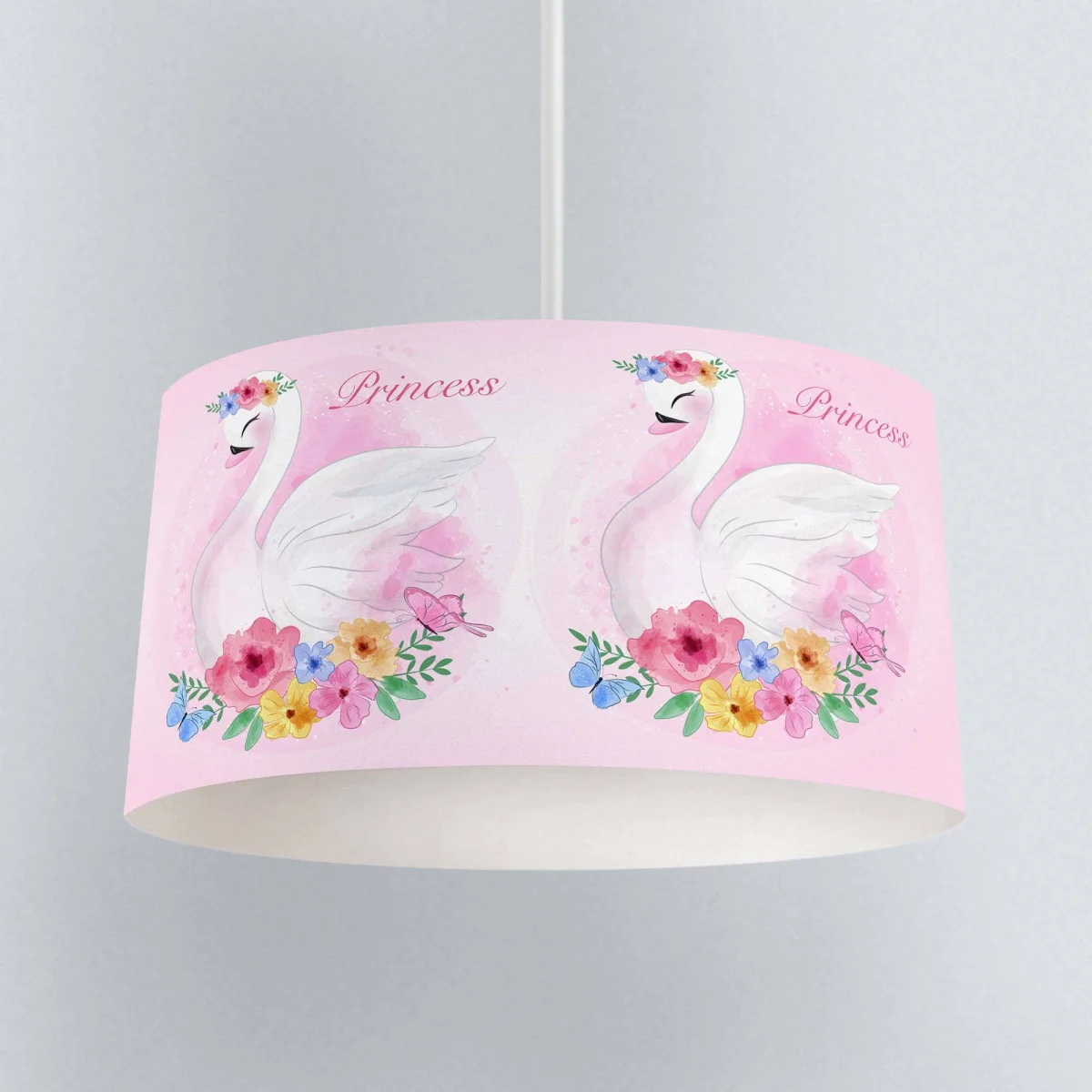 Kuğulu Prenses Sarkıt Avize | Pembe çiçekler, kelebekler Desenli