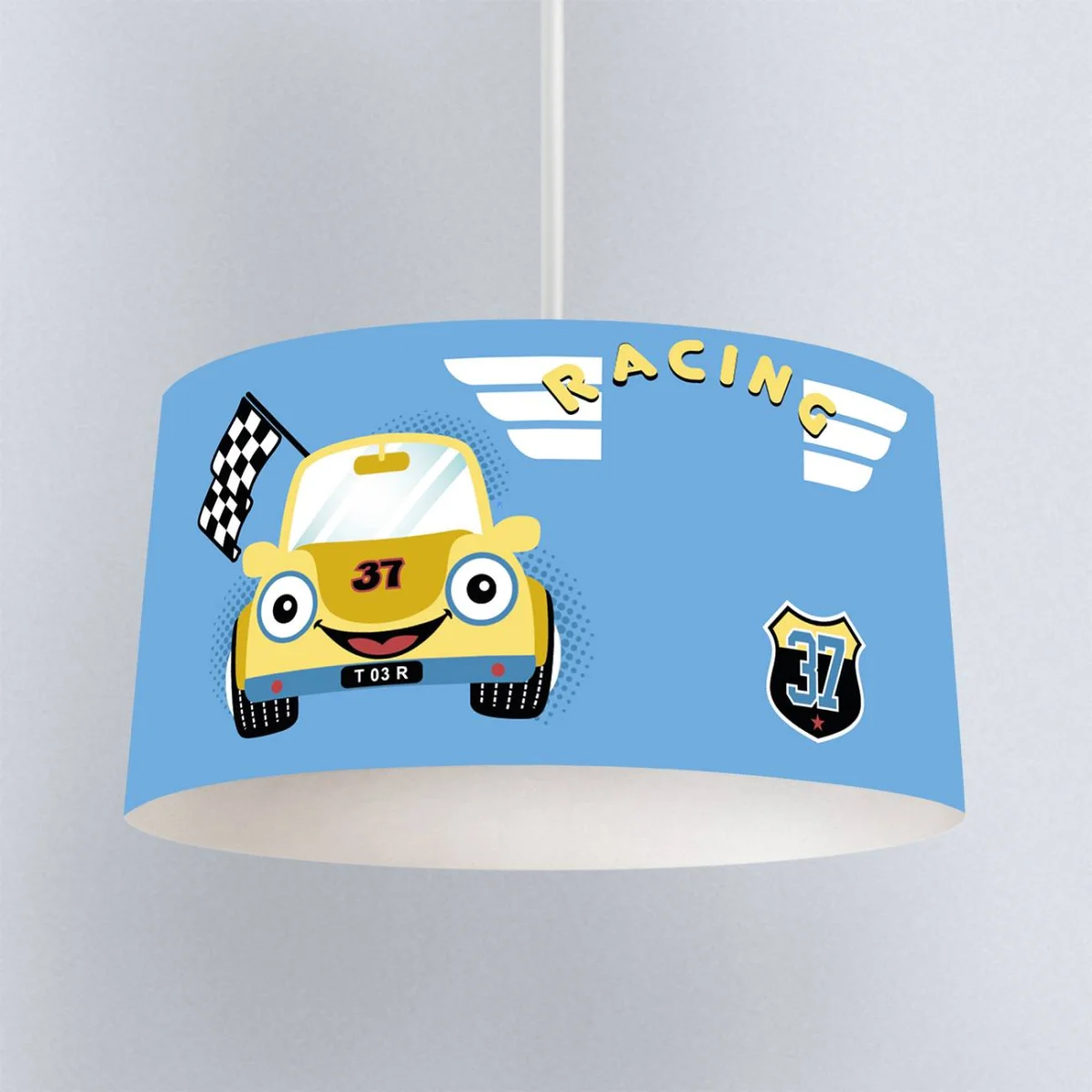 Yarış Arabası Sarkıt Avize | Mavi yarış bayrakları, kanatlı yazı Desenli