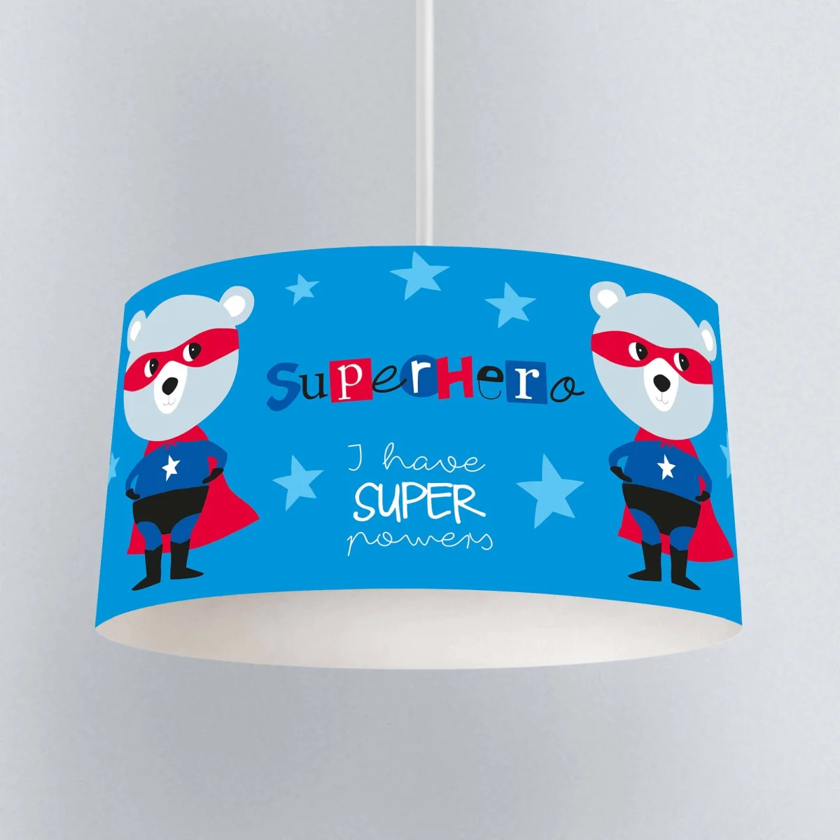 Süper Kahraman Ayı Sarkıt Avize | Mavi yıldızlar, Süper Kahraman yazısı Desenli