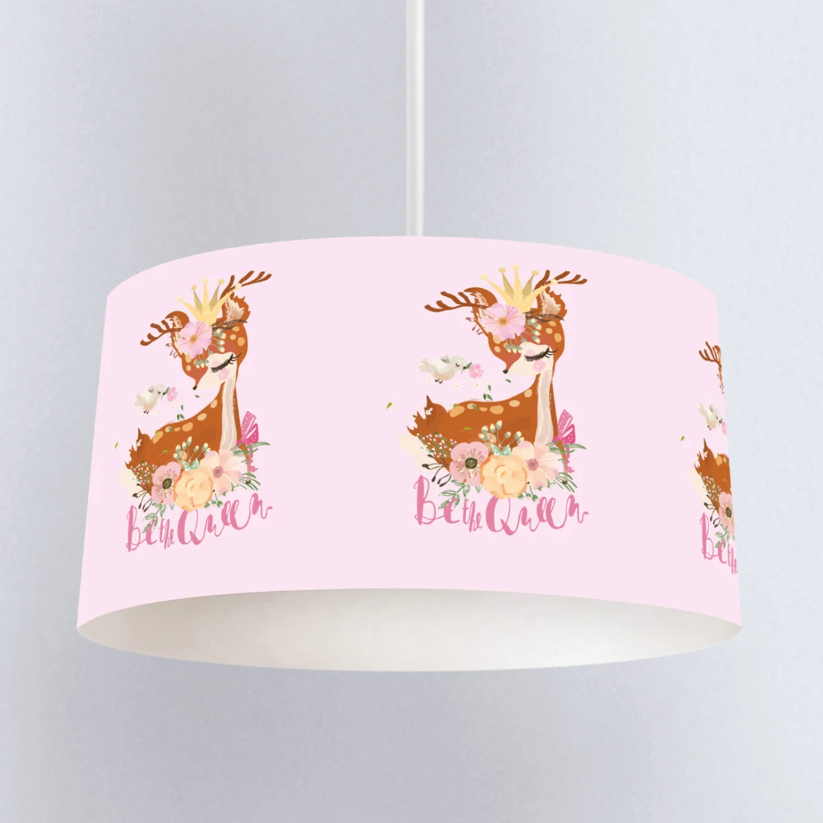 Taçlı Geyik Sarkıt Avize | Pembe Taç, çiçekler Desenli