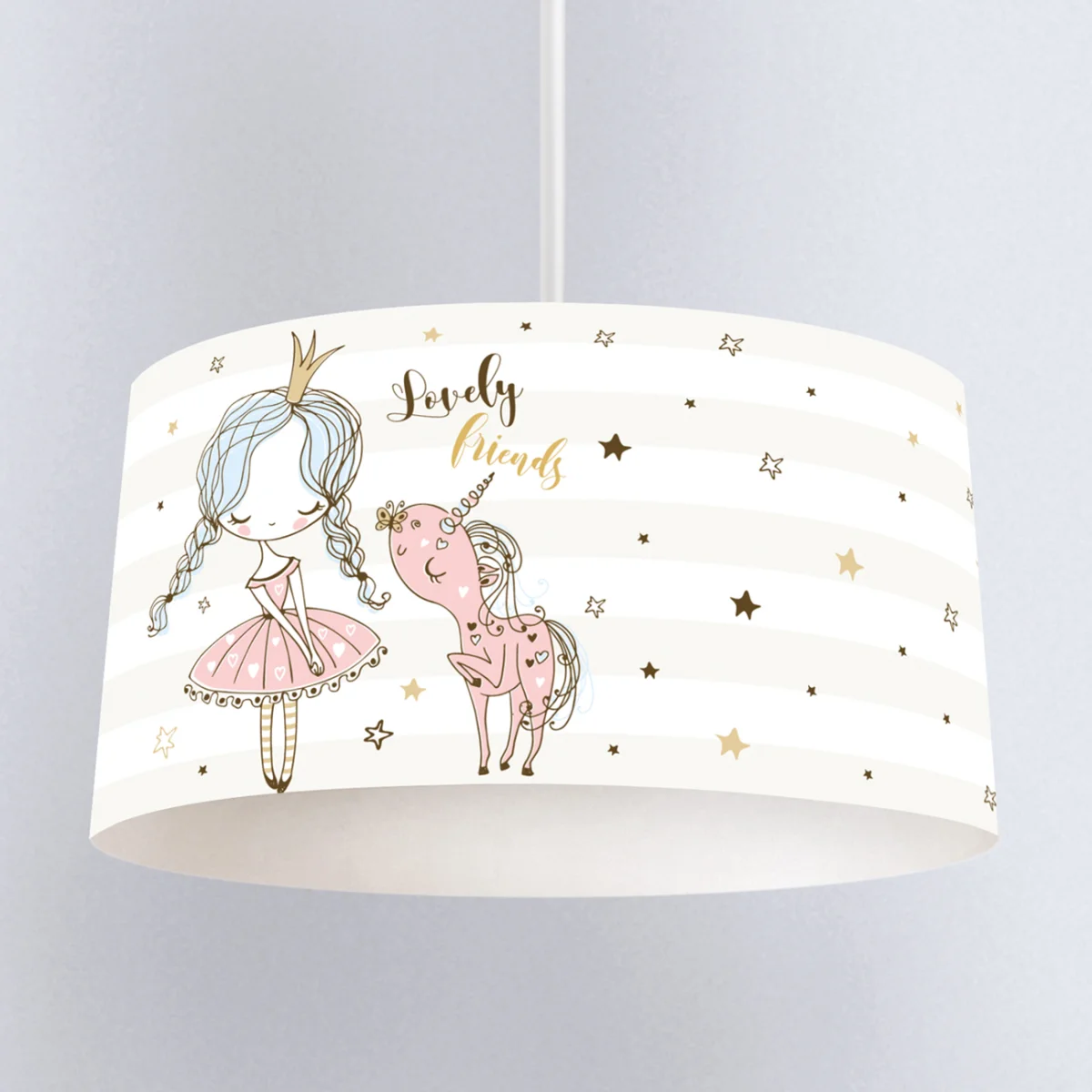 Prenses ve Unicorn Sarkıt Avize | Beyaz yıldız, çizgili zemin Desenli