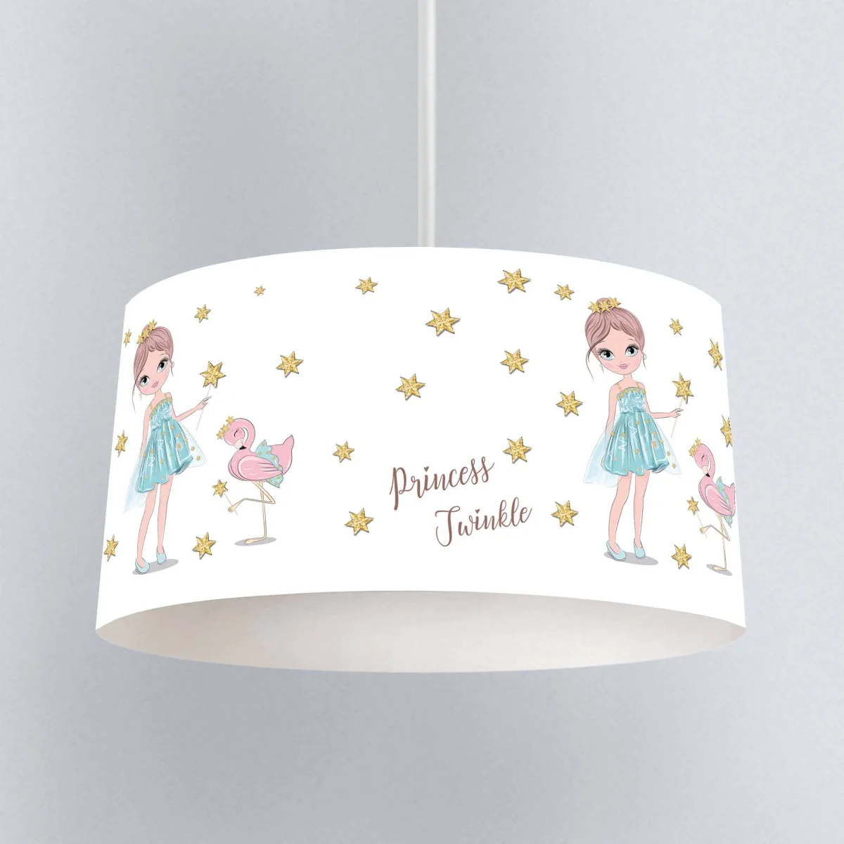 Prenses ve Flamingo Sarkıt Avize | Beyaz Yıldızlar, Princess Twinkle yazısı Desenli