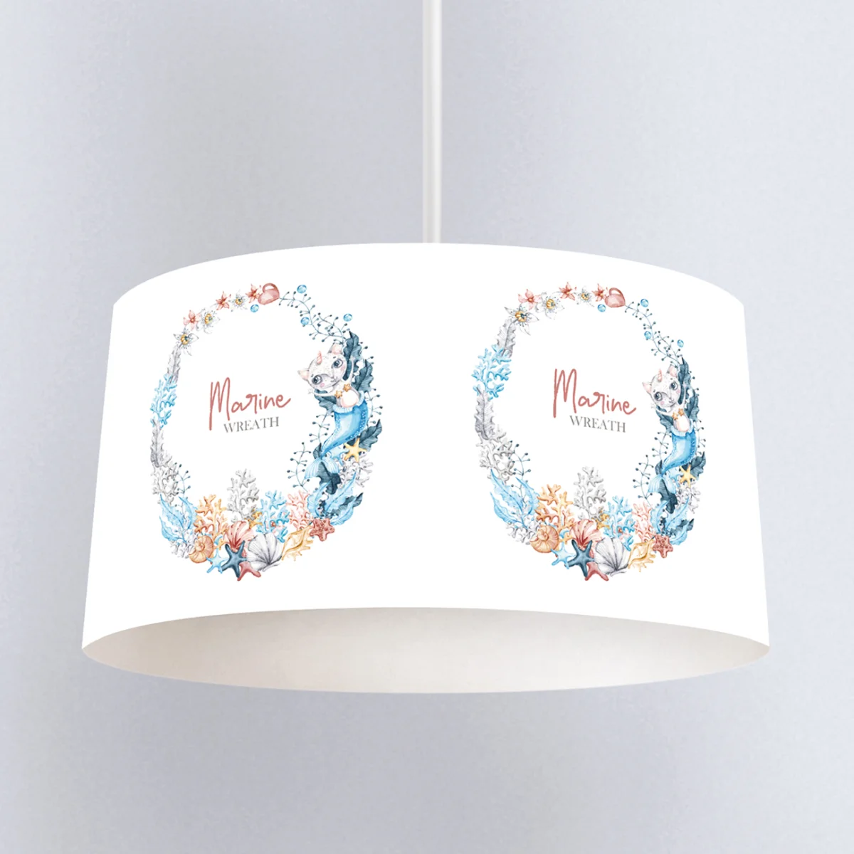 Deniz Kızı Kedi, Marine Çelenk Sarkıt Avize | Beyaz Mercanlar, deniz kabukları Desenli