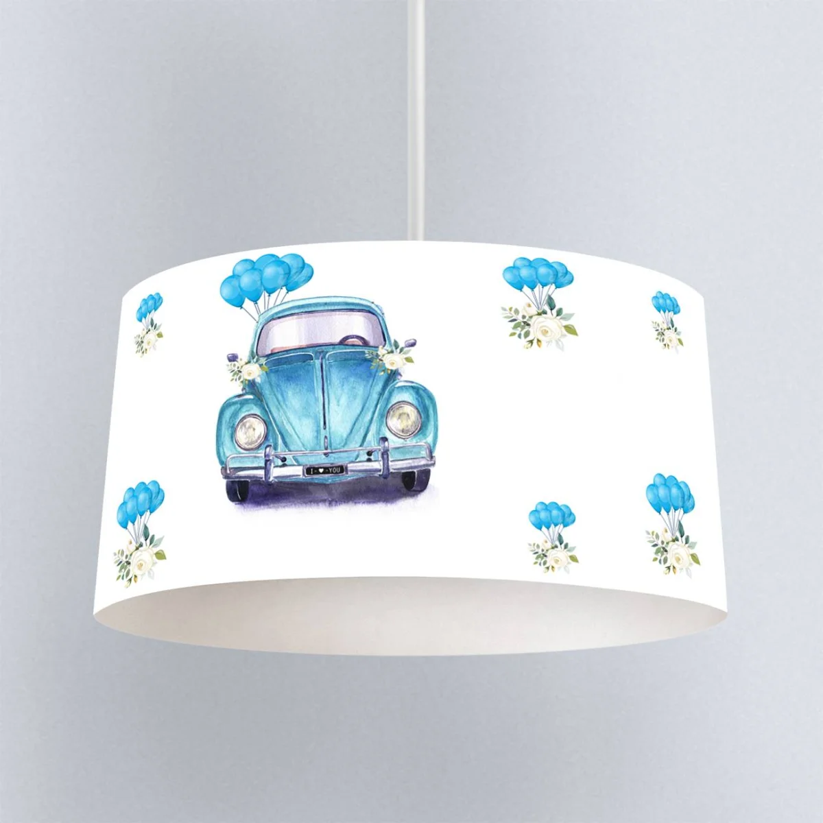 Araba Sarkıt Avize | Beyaz mavi balonlar, beyaz çiçekler Desenli