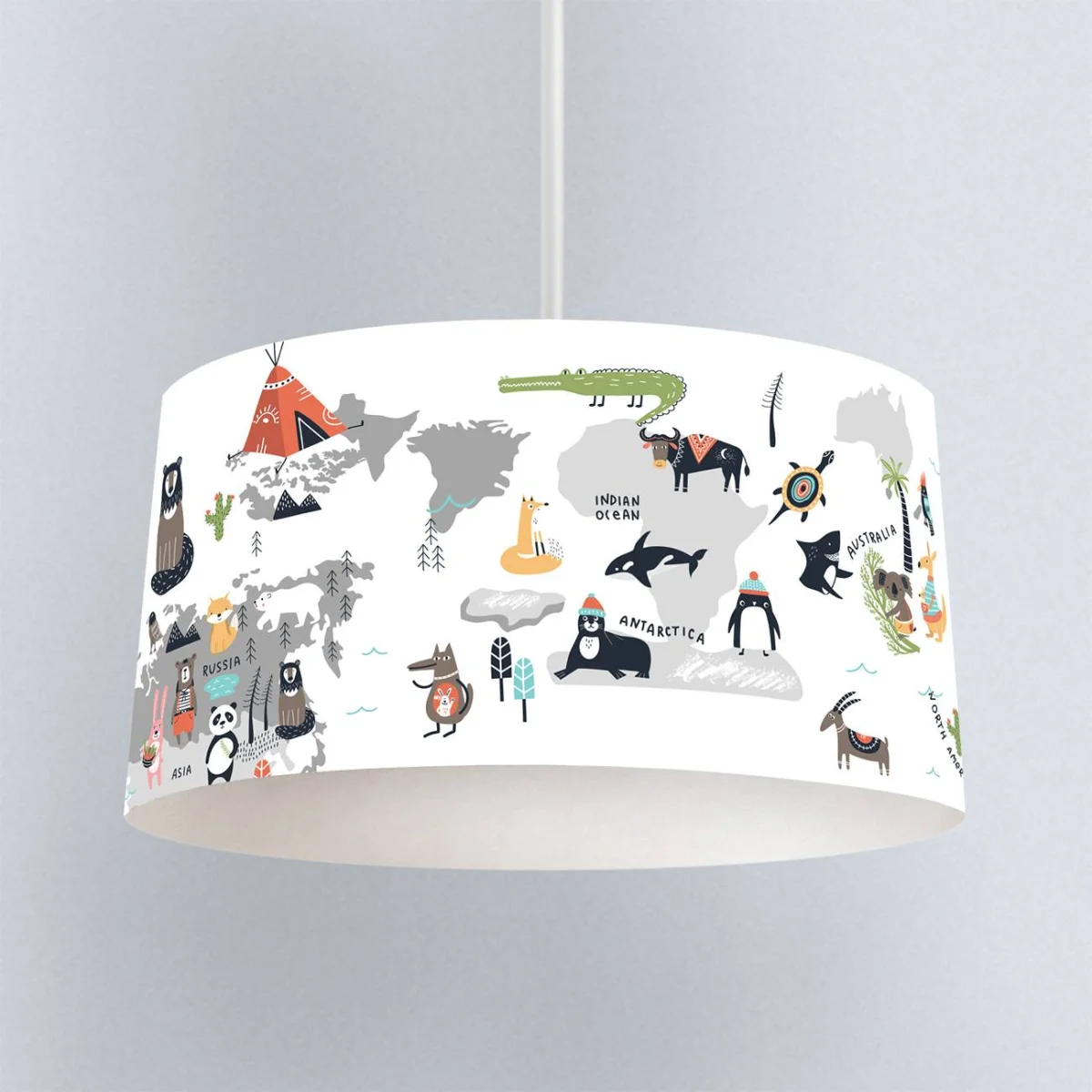 Dünya Haritası ve Hayvanlar Sarkıt Avize | Beyaz kıtalar, okyanuslar Desenli