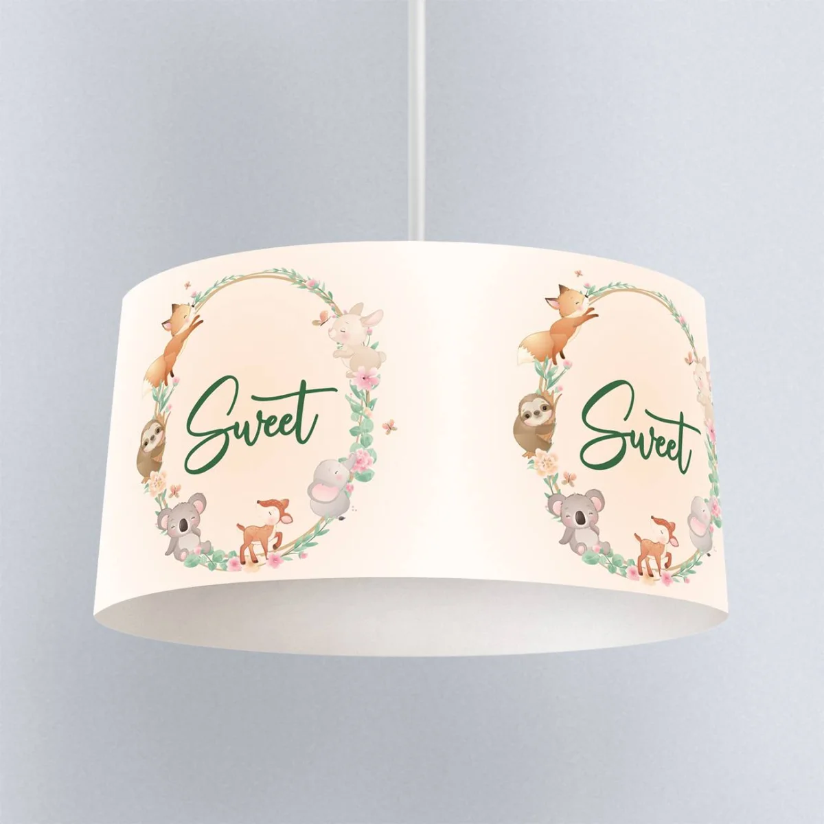 Orman Hayvanları Sarkıt Avize | Beyaz yapraklar, çiçekler Desenli