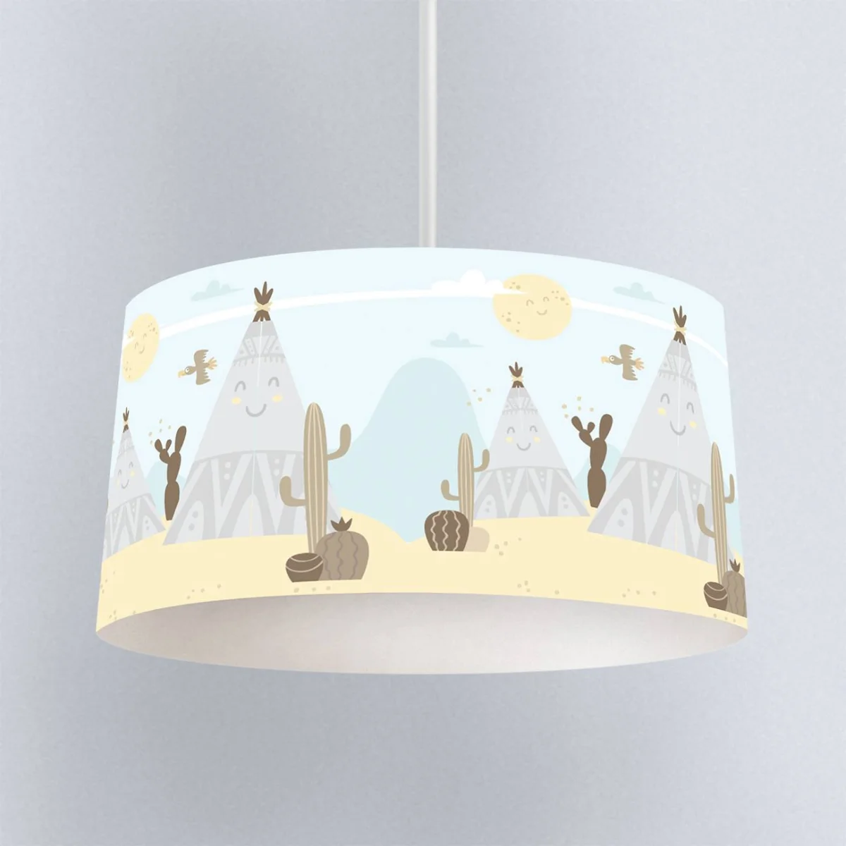 Kızılderili Çadır ve Kaktüsler Sarkıt Avize | Mavi Gülümseyen güneş, bulutlar Desenli