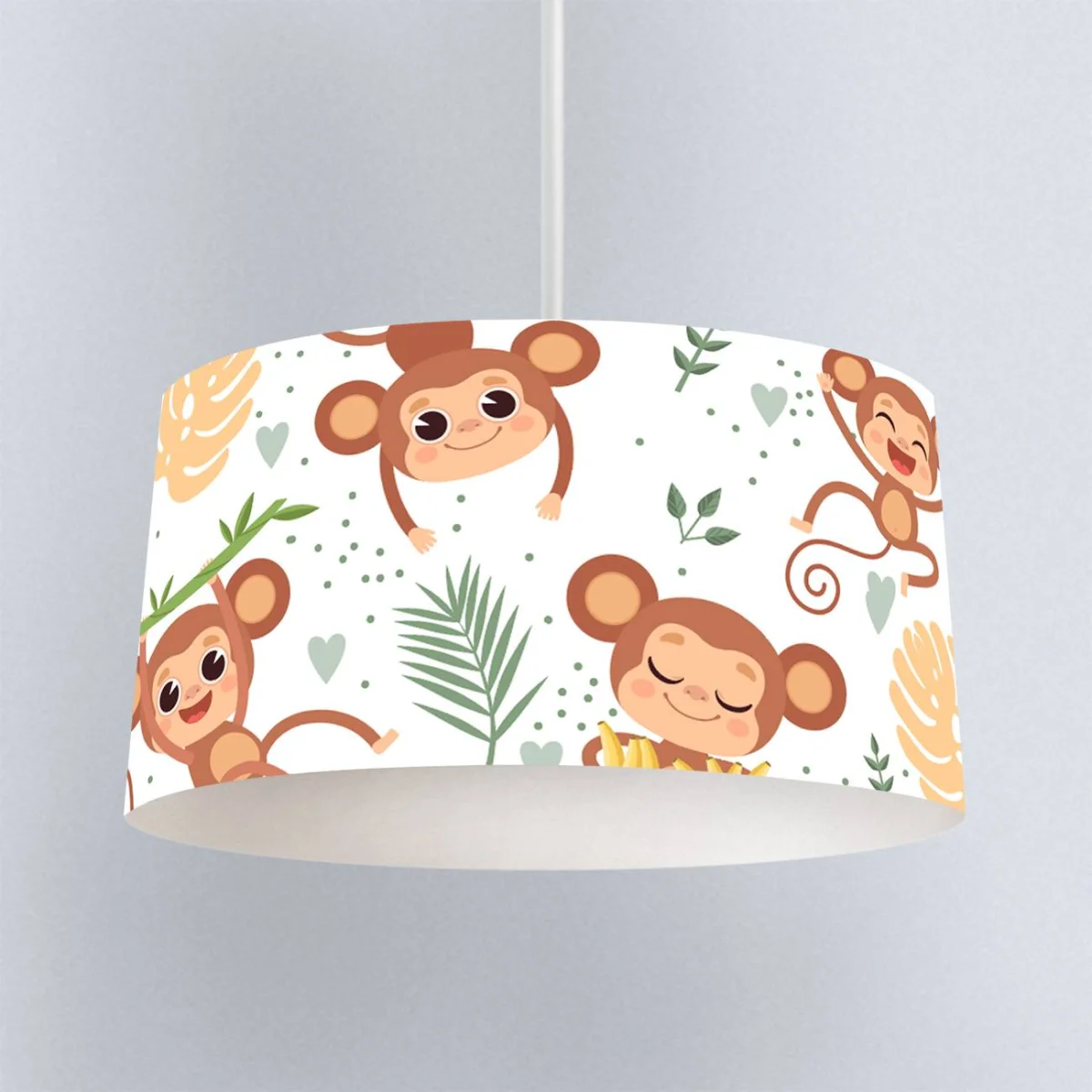 Maymunlar Sarkıt Avize | Beyaz tropikal yapraklar, muzlar Desenli