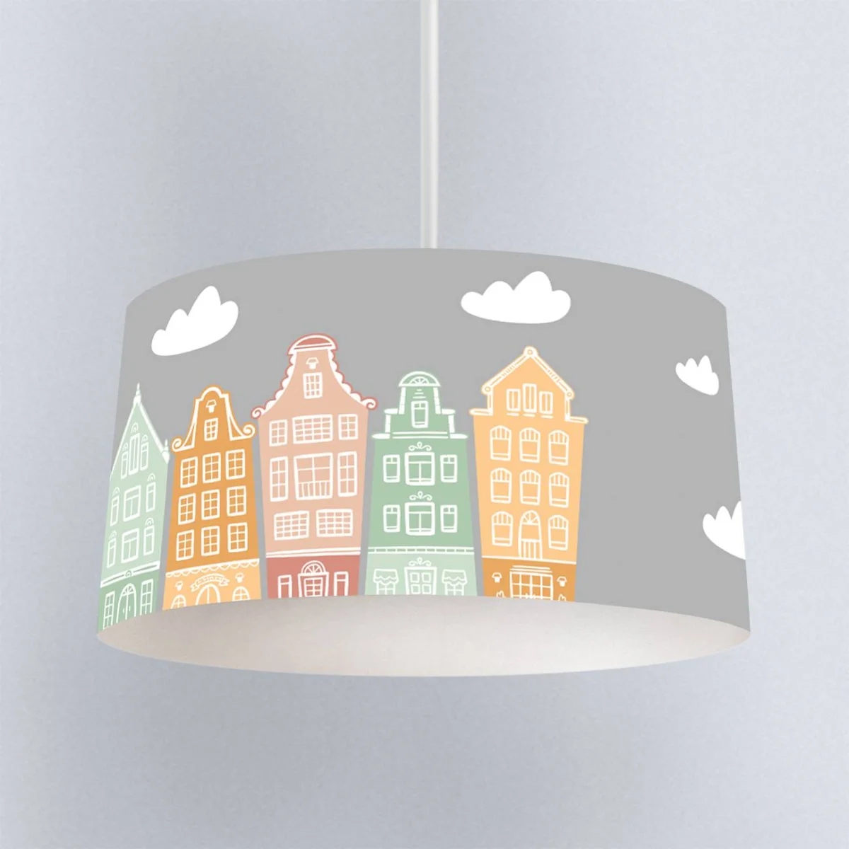 Evler, şehir silüeti Sarkıt Avize | Gri Bulut, renkli evler Desenli