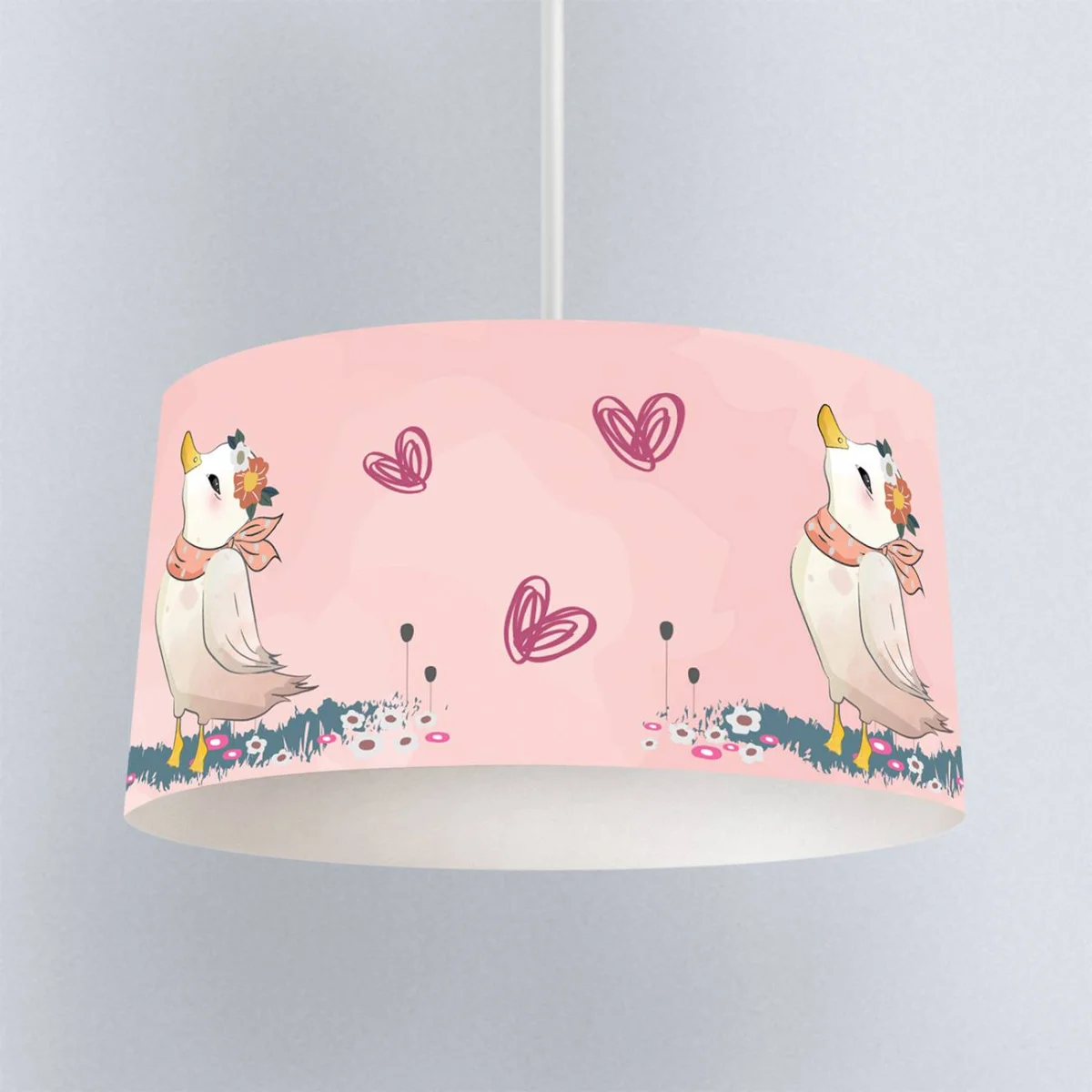 Kuğu ailesi Sarkıt Avize | Pembe Çiçekler, kalpler ve otlar Desenli