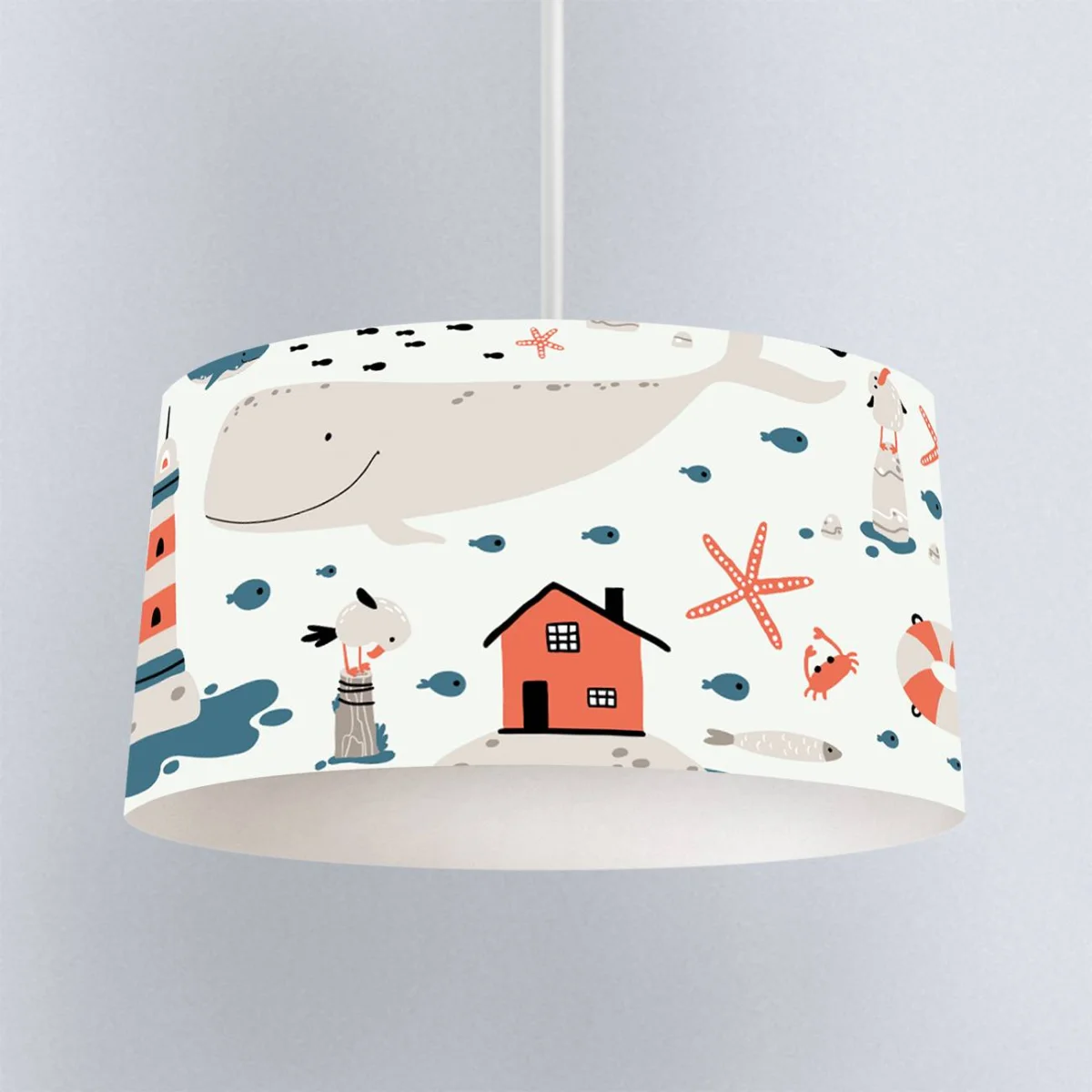 Deniz Teması Sarkıt Avize | Beyaz Balina, deniz feneri Desenli