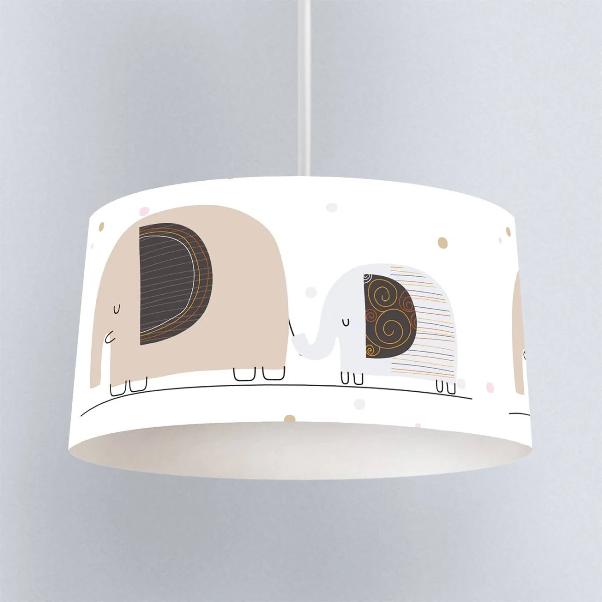 Şehirli Filler Sarkıt Avize | Beyaz pembe ve altın rengi puantiyeler, şehir binaları Desenli