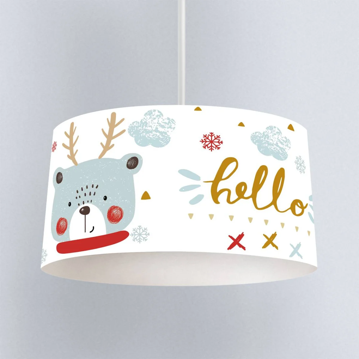 Ayı/Geyik Sarkıt Avize | Beyaz Kar taneleri, bulutlar Desenli