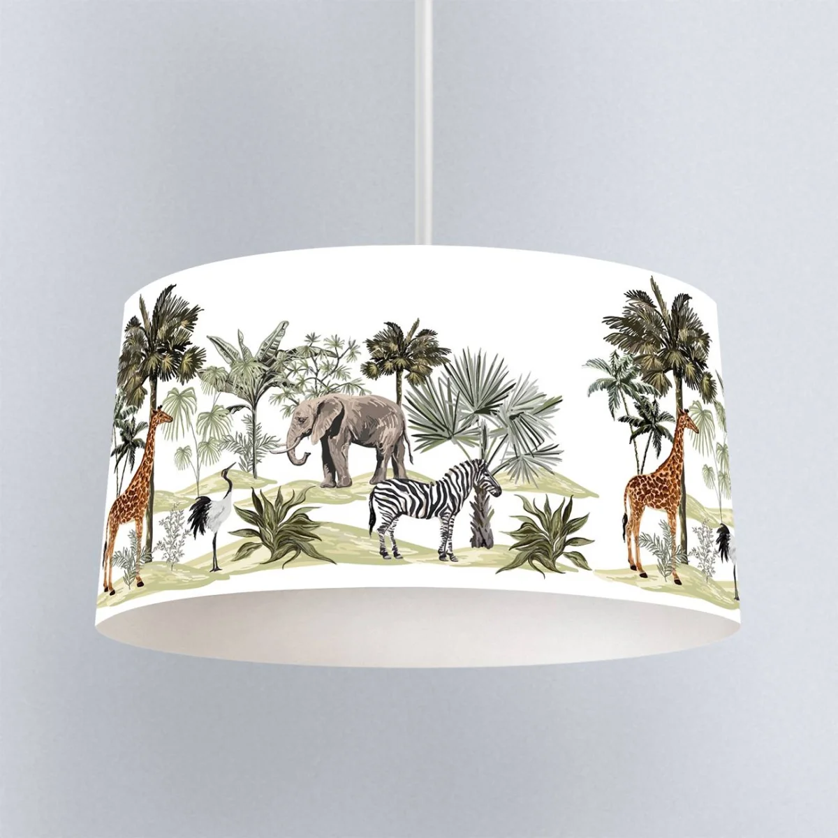 Safari Hayvanları Sarkıt Avize | Beyaz palmiye ağaçları, yeşil bitkiler Desenli