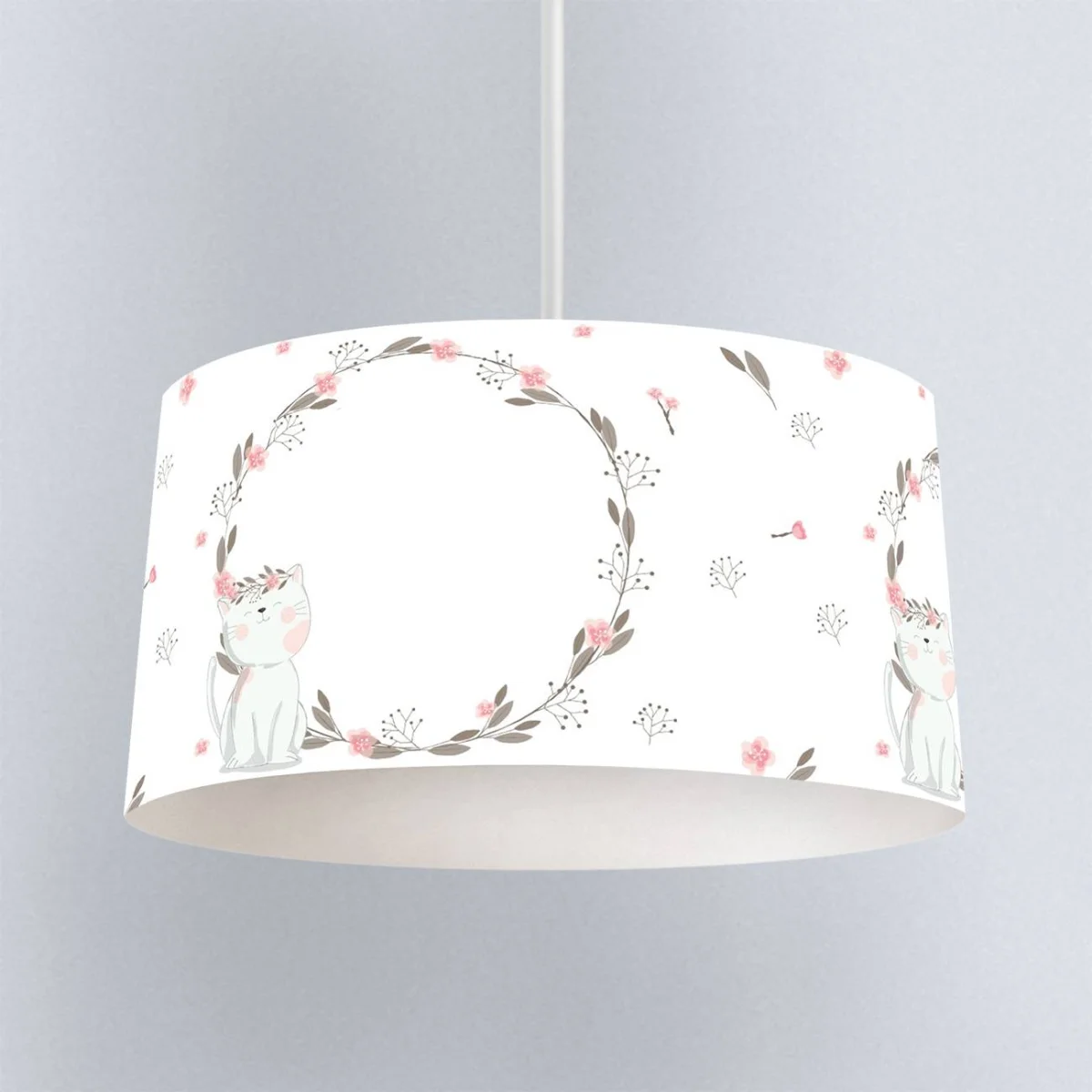 Kedi Sarkıt Avize | Beyaz Çiçekli çelenk, pembe çiçekler ve yapraklar Desenli