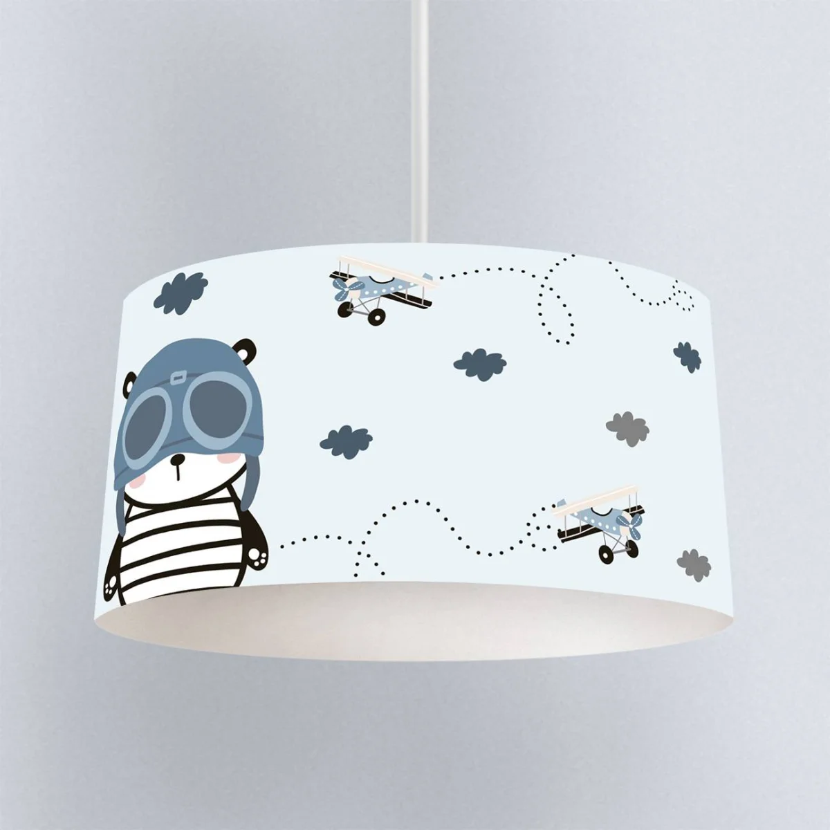 Pilot Ayı ve Uçaklar Sarkıt Avize | Açık Mavi Uçaklar, bulutlar Desenli
