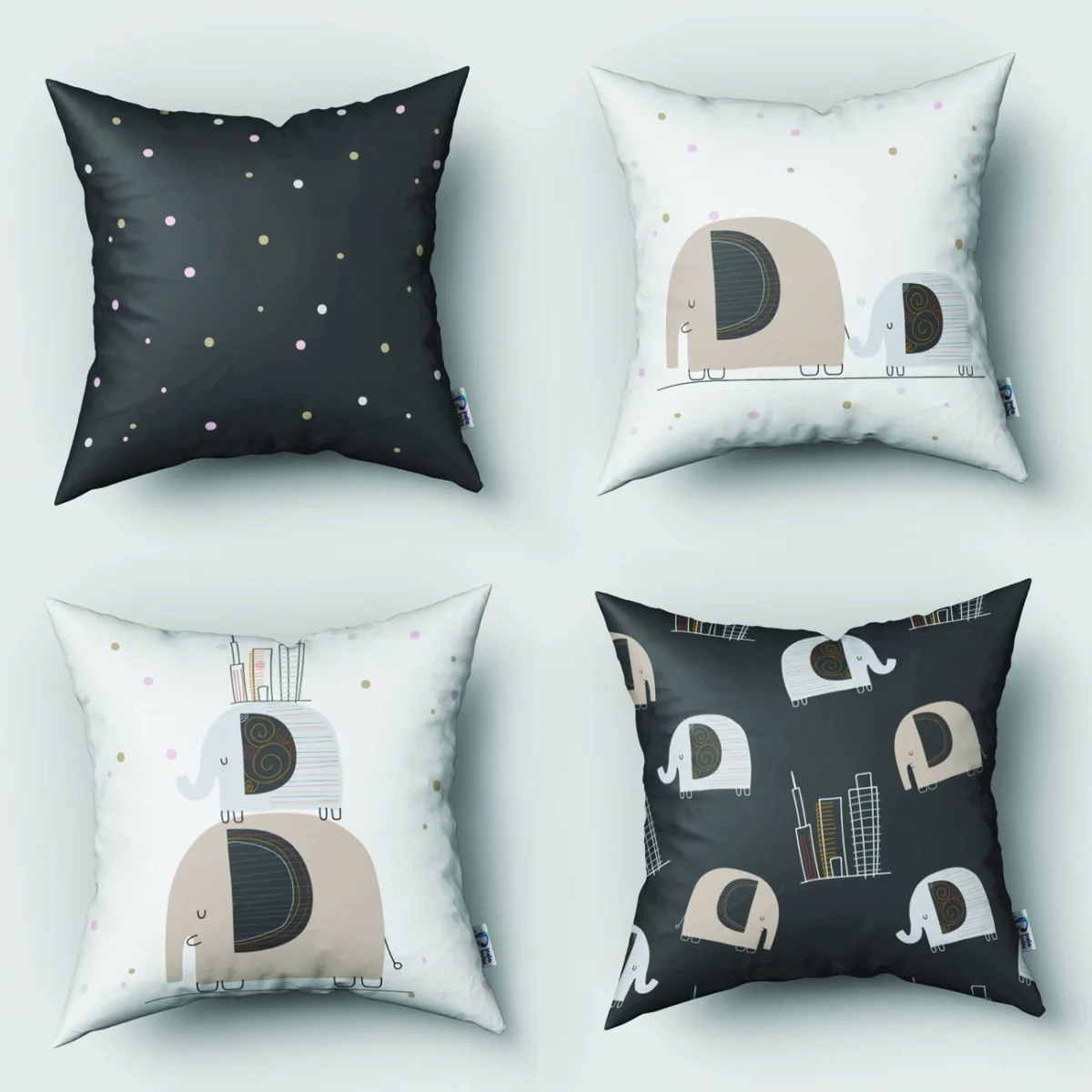 Şehirli Filler 4lü Kırlent | Beyaz pembe ve altın rengi puantiyeler, şehir binaları Desenli