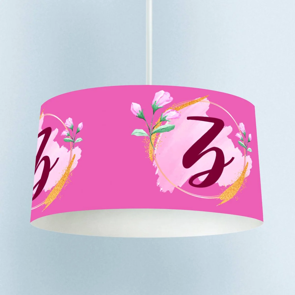 Kişiselleştirilmiş harf ve çiçekler Sarkıt Avize | Pembe Altın ışıltı, suluboya fırça darbesi Des...