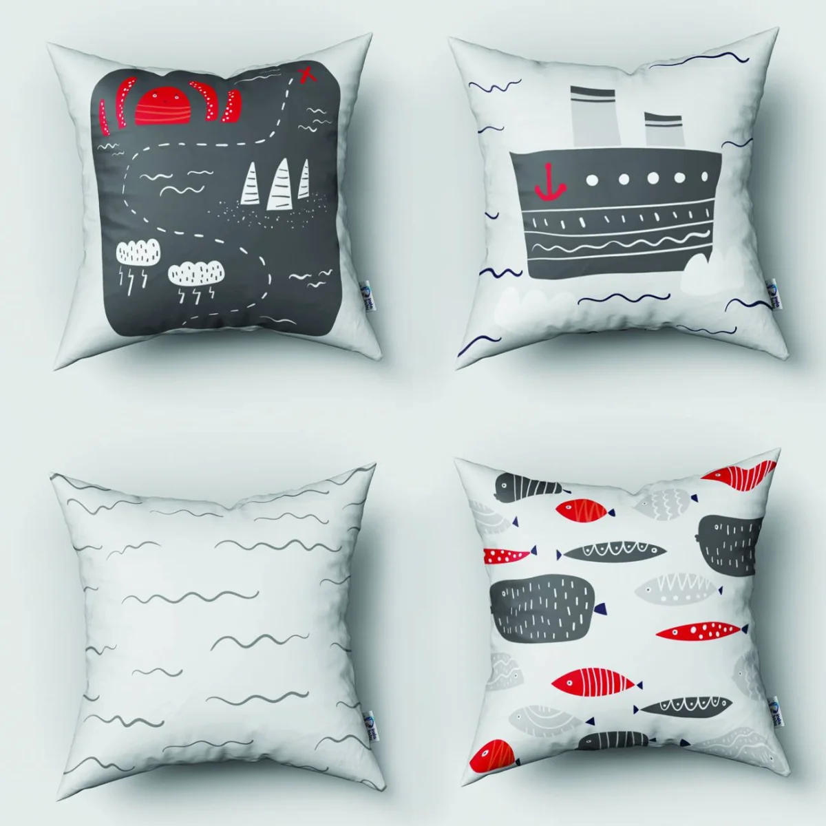 Balık 4lü Kırlent | Beyaz Dalga, küçük balık Desenli