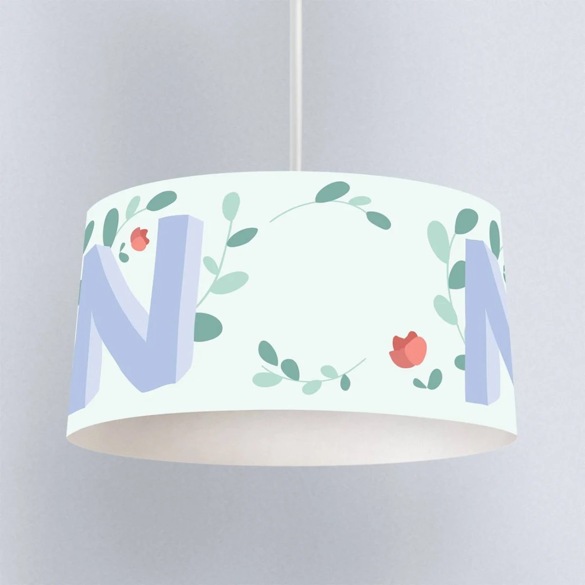 Baş Harf ve Çiçek Çelengi Sarkıt Avize | Açık Mavi yapraklar, küçük kırmızı çiçekler Desenli