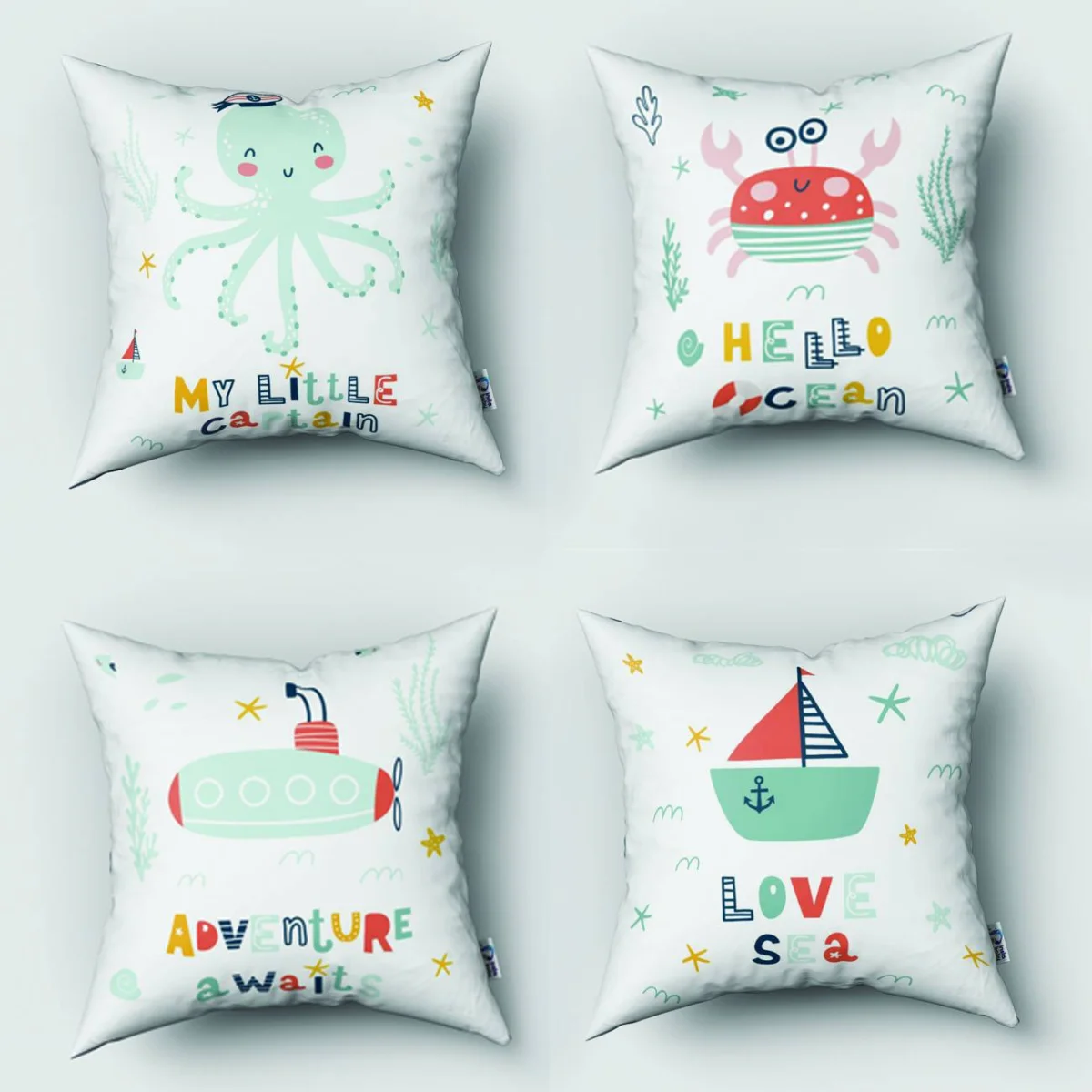 Ahtapot 4lü Kırlent | Beyaz yelkenli, deniz yıldızı Desenli