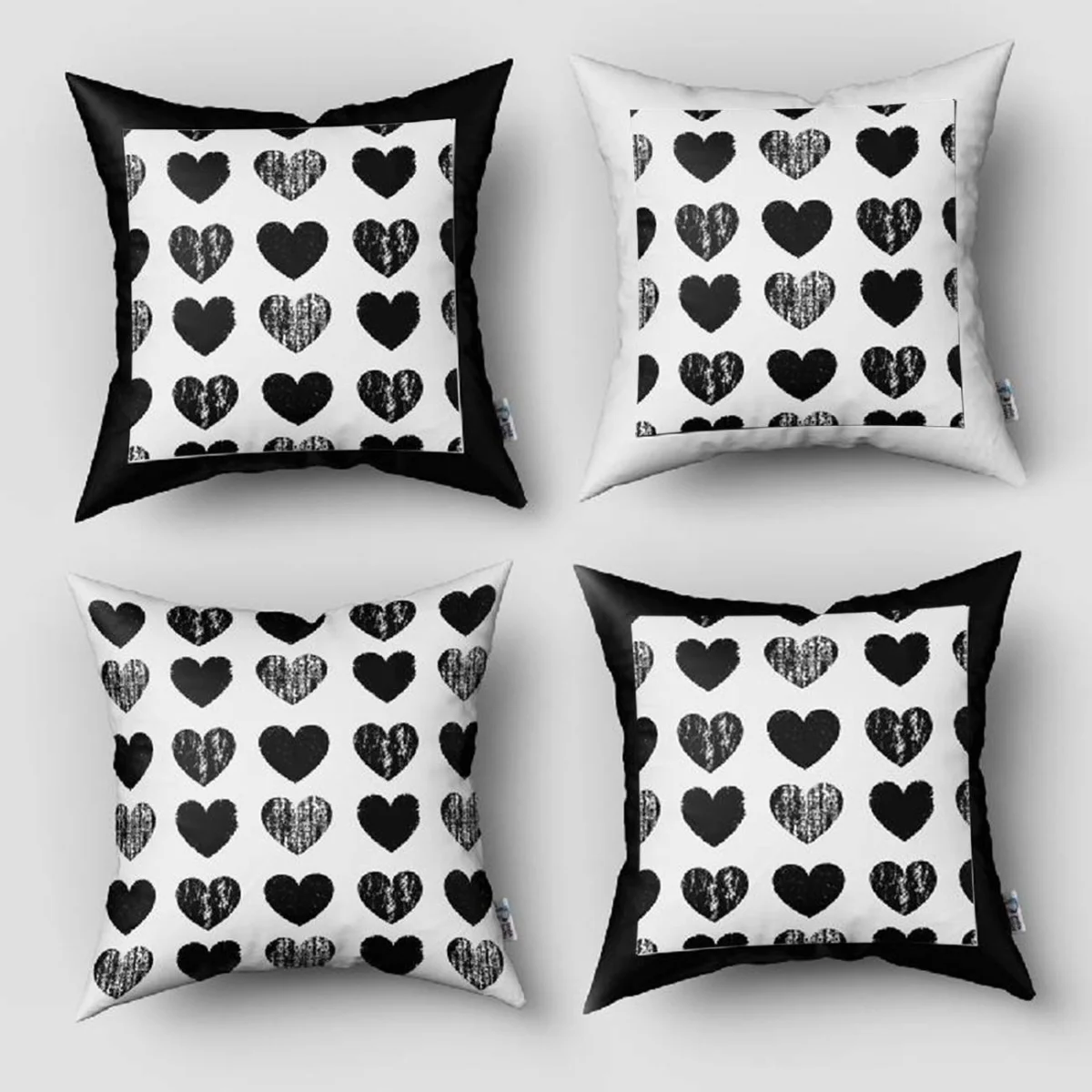 Kalp 4lü Kırlent | Beyaz Eskitme dokulu siyah kalpler Desenli