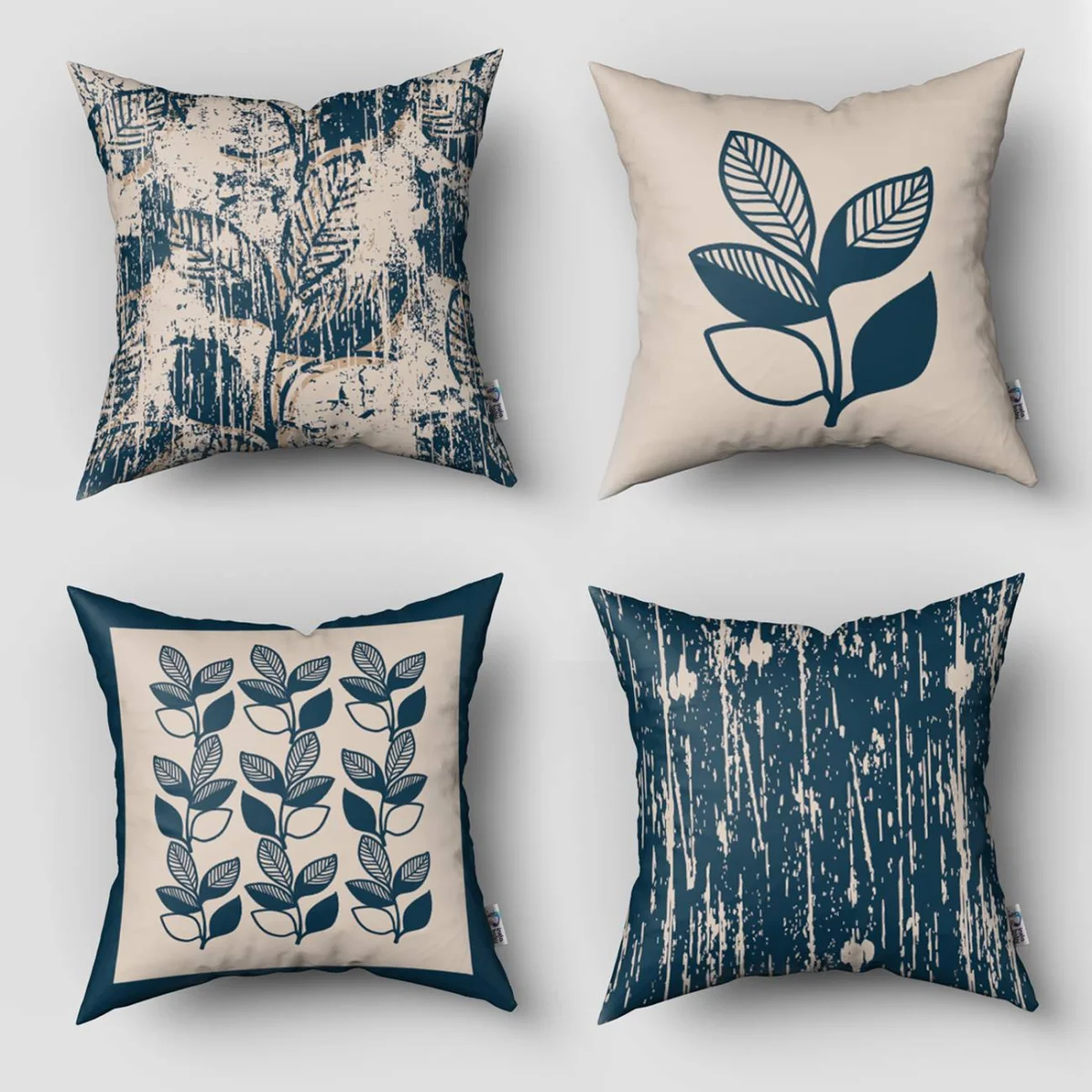 Yapraklar 4lü Kırlent | Mavi Soyut, stilize yapraklar Desenli