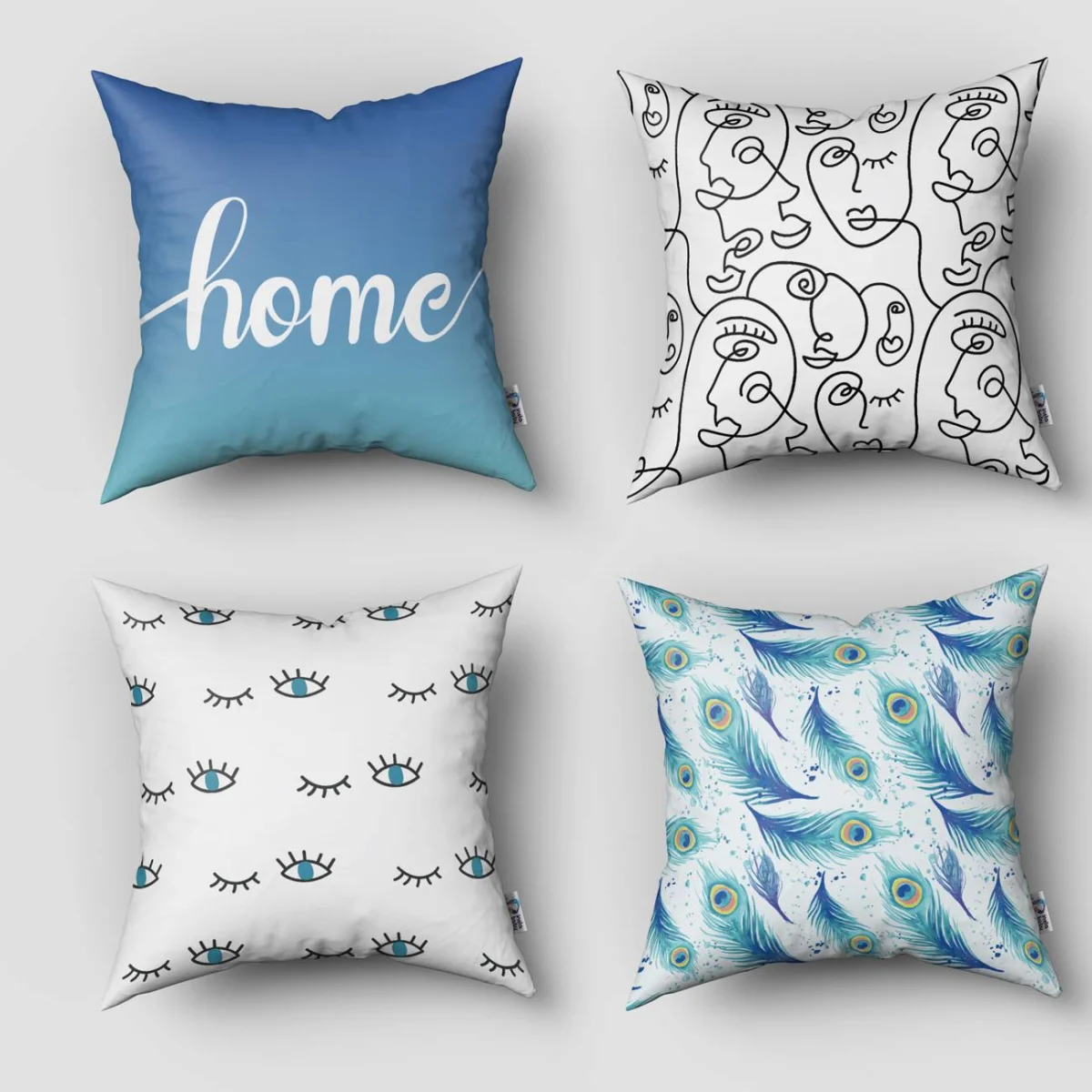 Tavus Kuşu 4lü Kırlent | Beyaz Soyut yüzler, ev yazısı Desenli