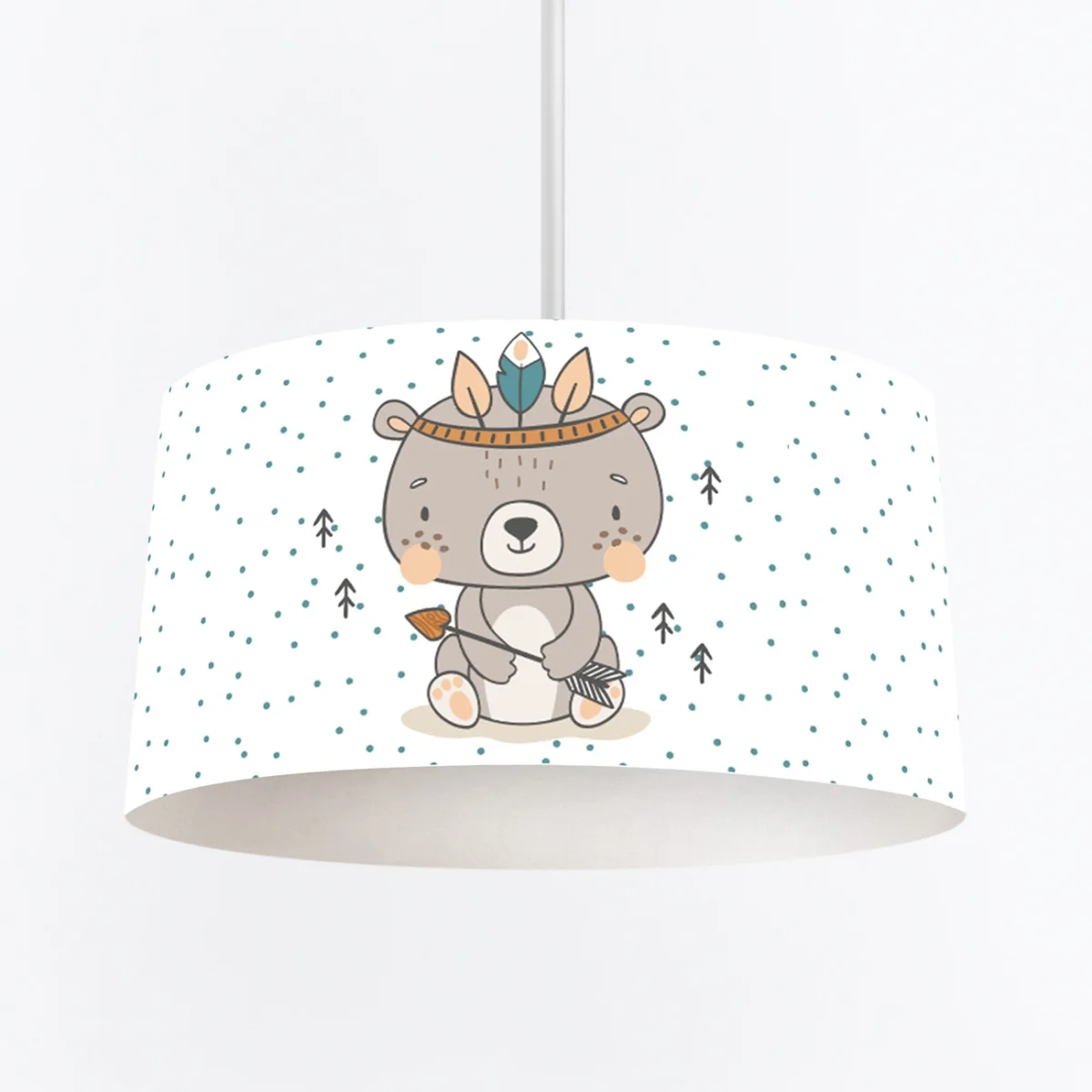 Kızılderili Temalı Ayı Sarkıt Avize | Beyaz mavi noktalar, siyah ok/ağaç figürleri Desenli