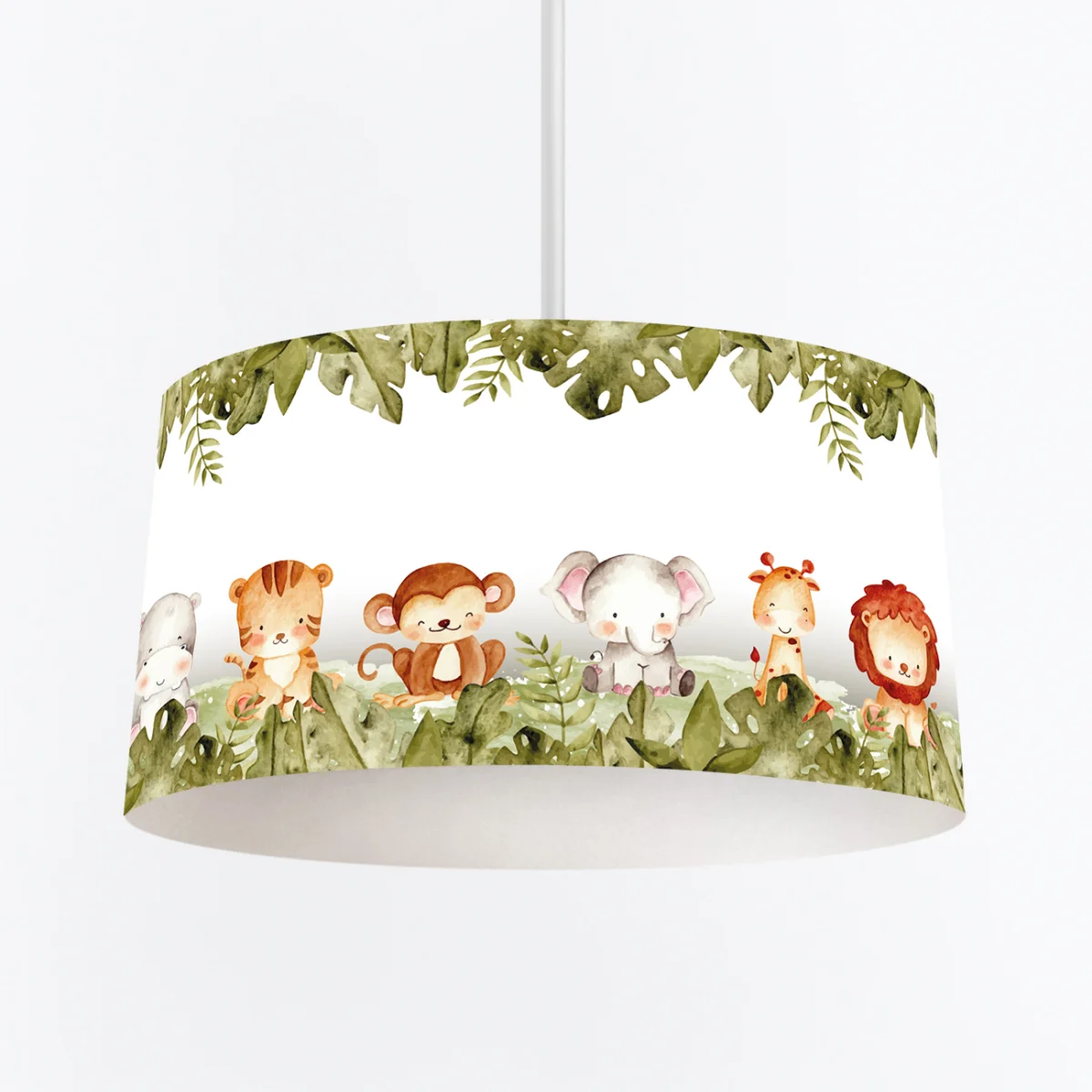 Orman Hayvanları Sarkıt Avize | Beyaz yeşil yapraklar, safari cipi Desenli