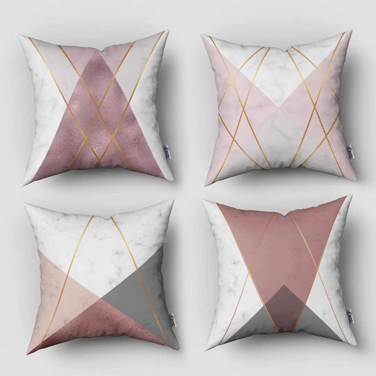 Soyut 4lü Kırlent | Beyaz mermer dokulu, altın çizgili Desenli