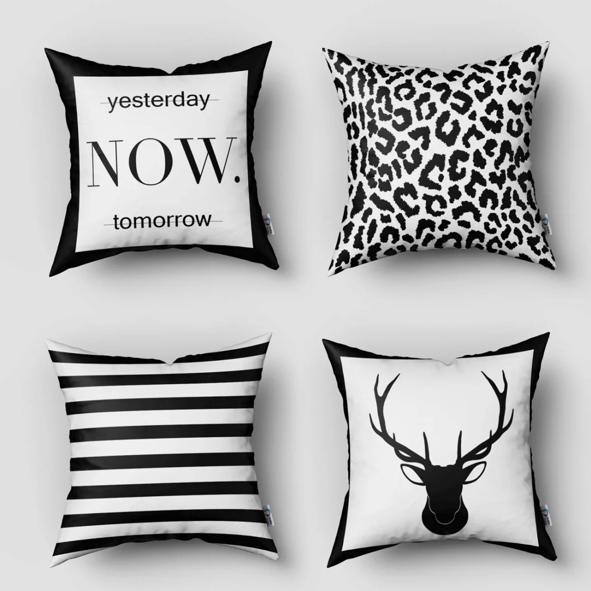 Modern Desenler 4lü Kırlent | Beyaz leopar deseni, geyik kafası Desenli