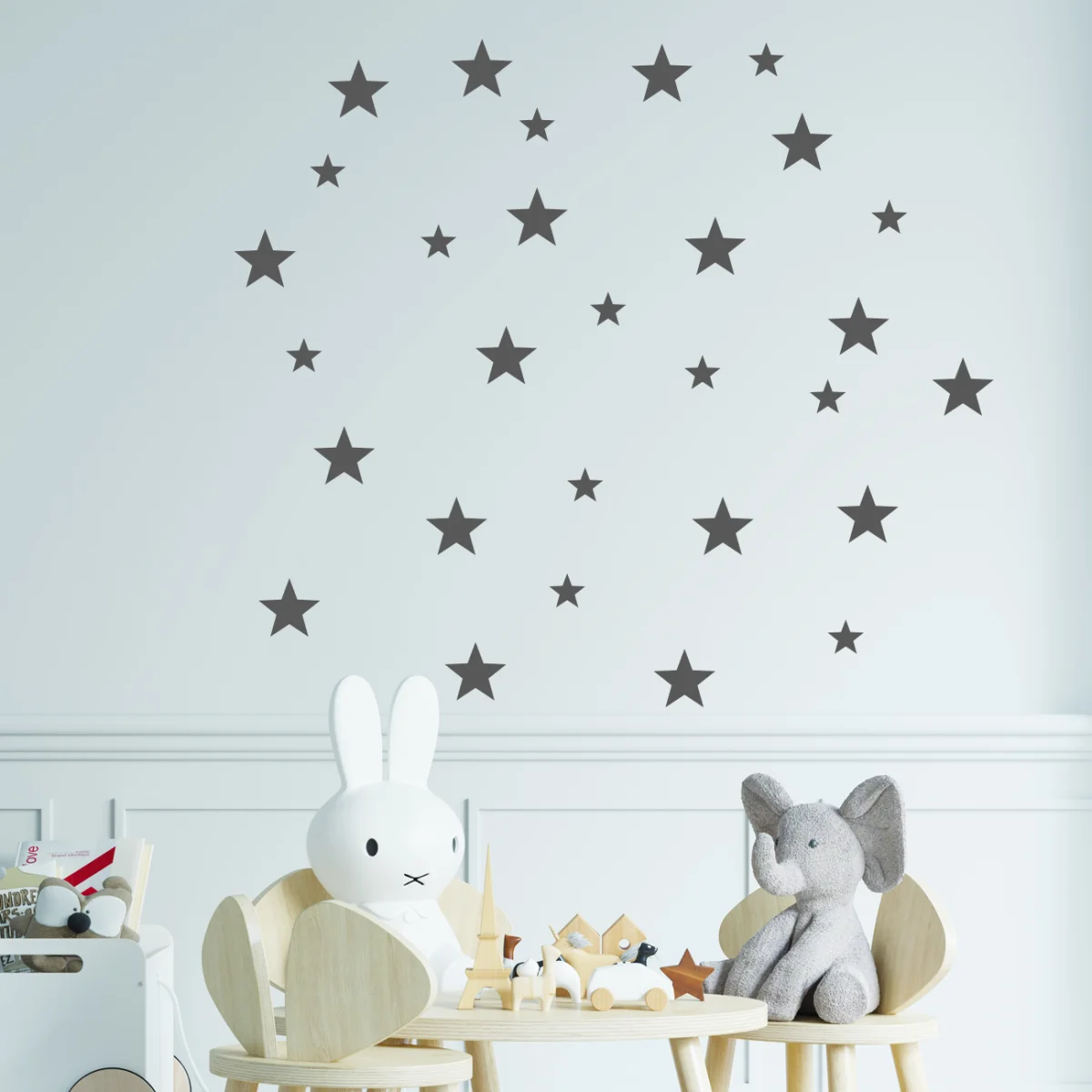 Yıldızlar Duvar Sticker | Beyaz Gri yıldızlar, farklı boyutlarda Desenli