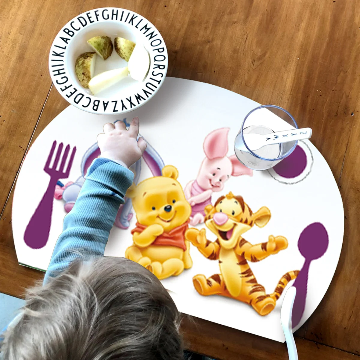 Winnie the Pooh Dekoratif Supla | Beyaz Winnie the Pooh karakterleri, mor çatal ve kaşık Desenli