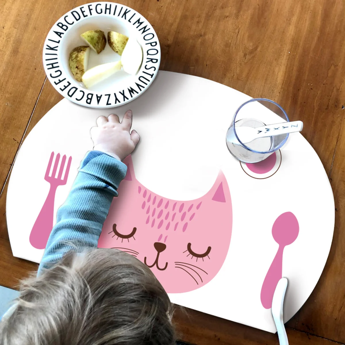 Kedi Dekoratif Supla | Beyaz Uyuyan kedi yüzü, çatal ve kaşık resimleri Desenli