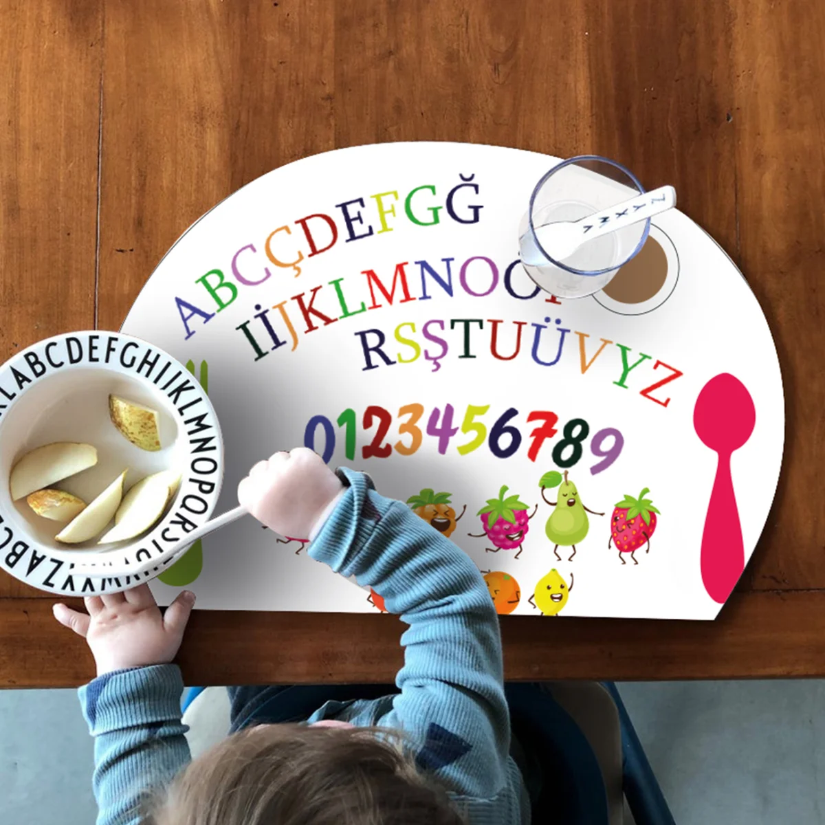 Alfabe, Sayılar ve Meyveler Dekoratif Supla | Beyaz Renkli harfler, sayılar ve çizgi film meyvele...