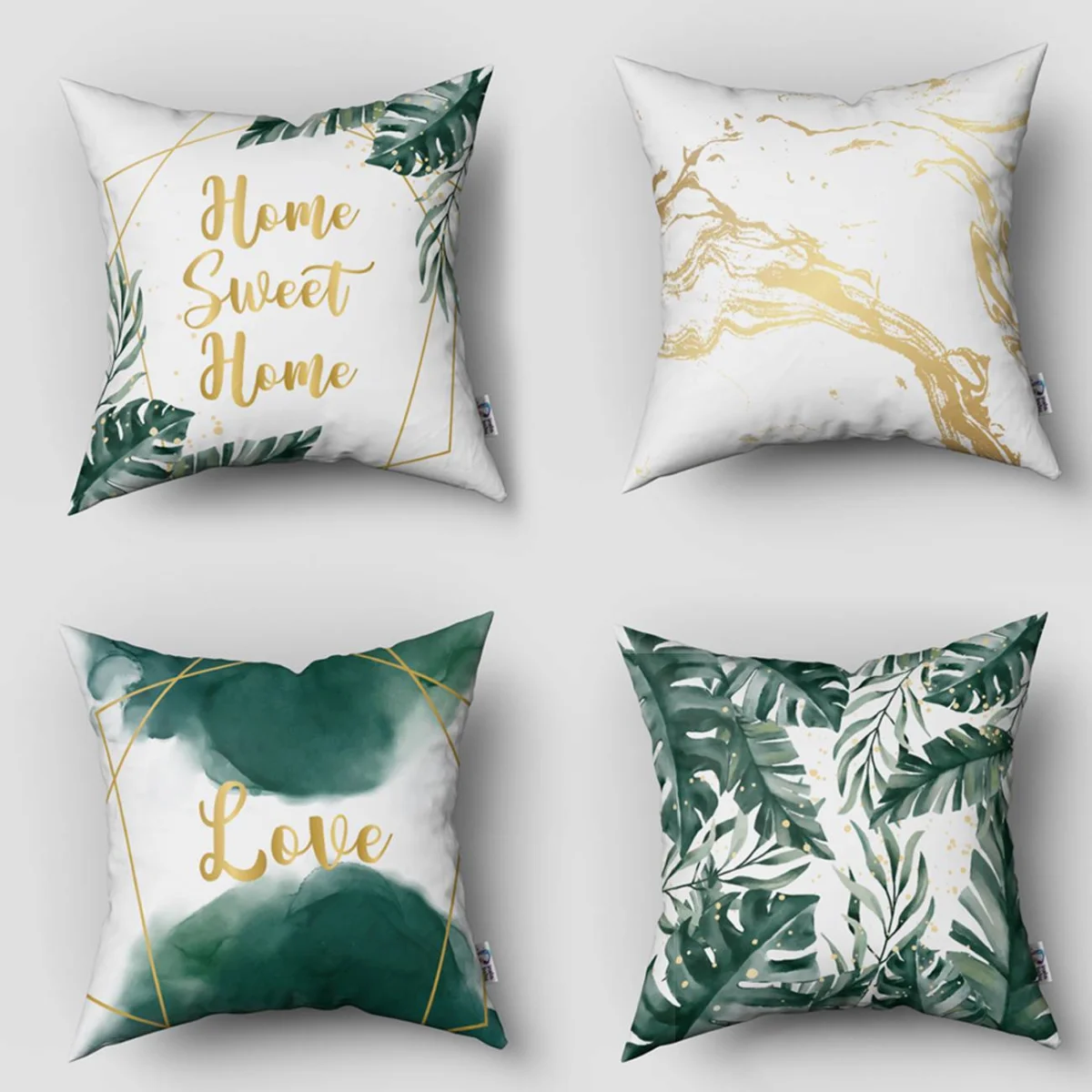 Tropikal Yapraklar 4lü Kırlent | Beyaz Altın çizgiler, mermer desen Desenli