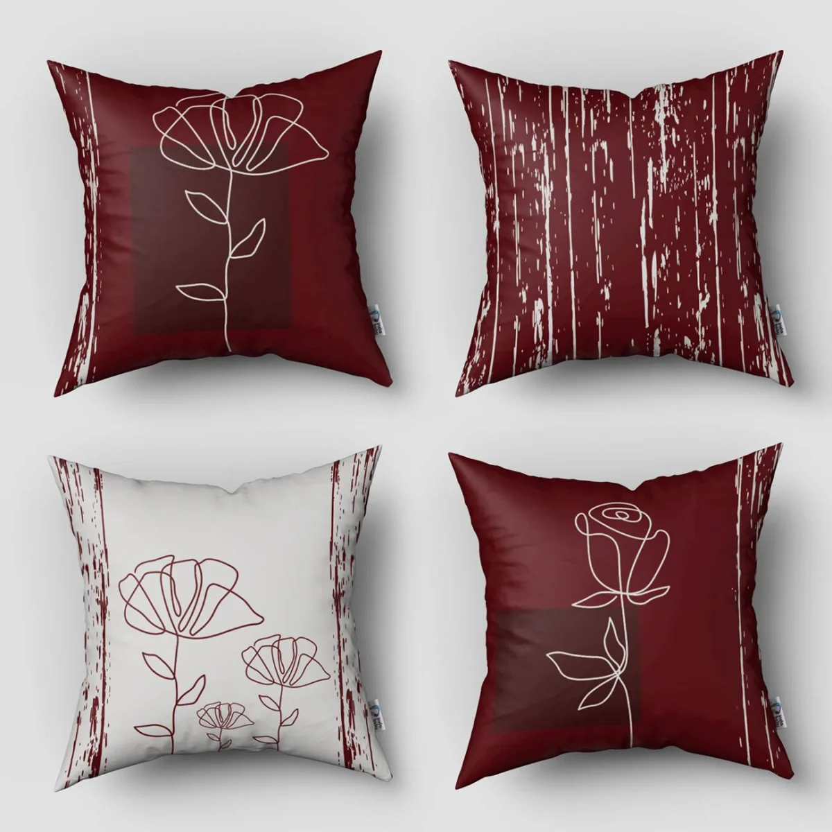 Soyut Çiçekler ve Odun Dokusu 4lü Kırlent | Bordo soyut çiçekler, dikey çizgili doku Desenli