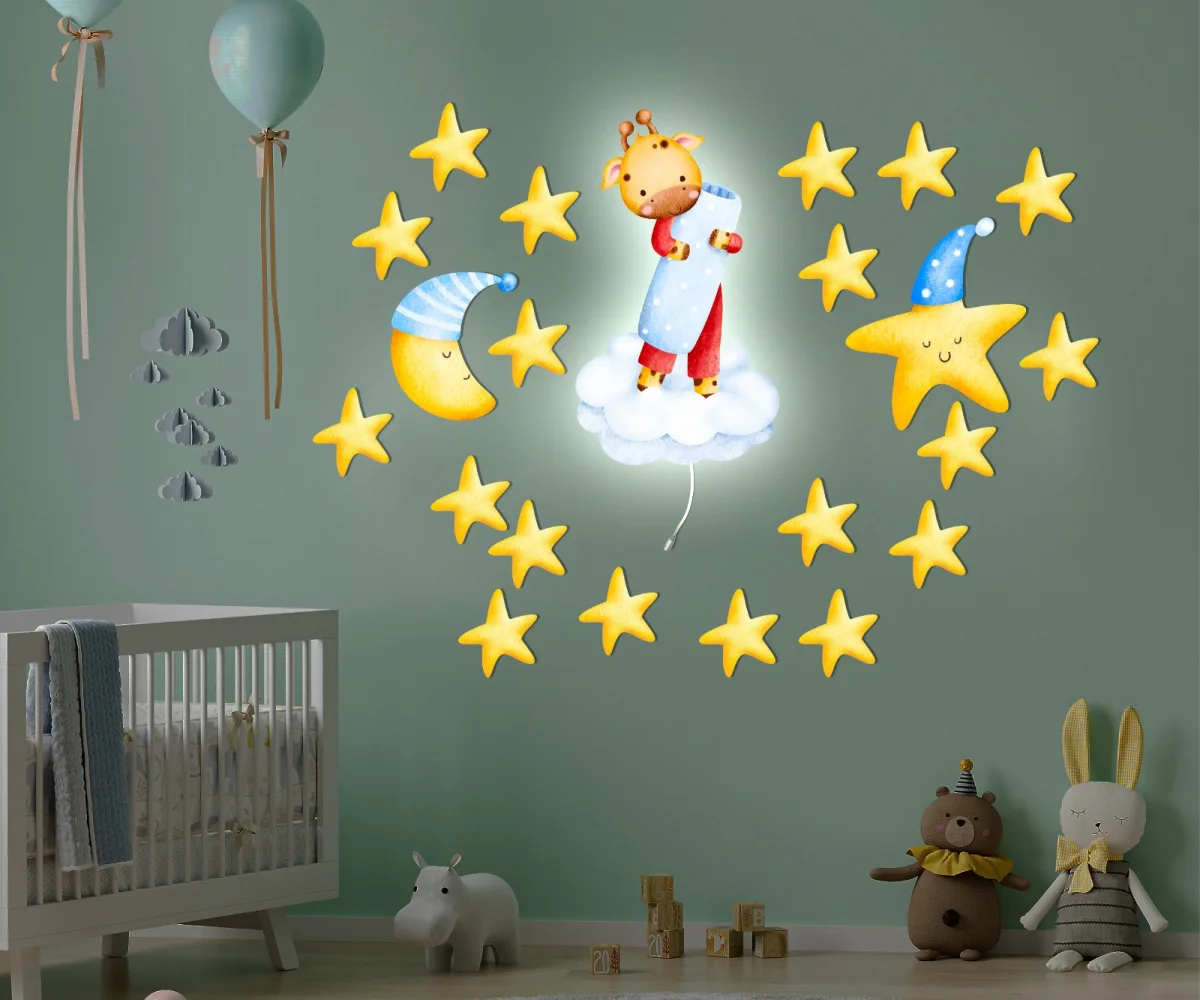 Orman Hayvanları Tasarım Avize | Yeşil zürafa, yıldız Desenli